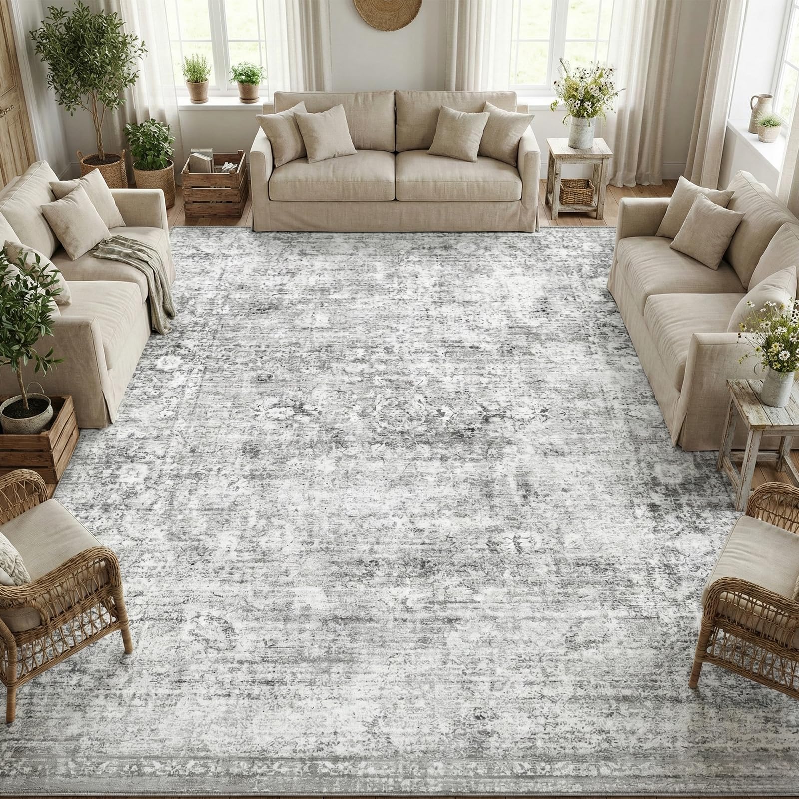 Homemate Washable Rug 8x10 Area Rugs - Vintage Faux Wool Rugs for Living Room Bedroom Dining Room - Non Slip Foldable Carpet Indoor Area Rug for Home Decor（8'x10', Beige