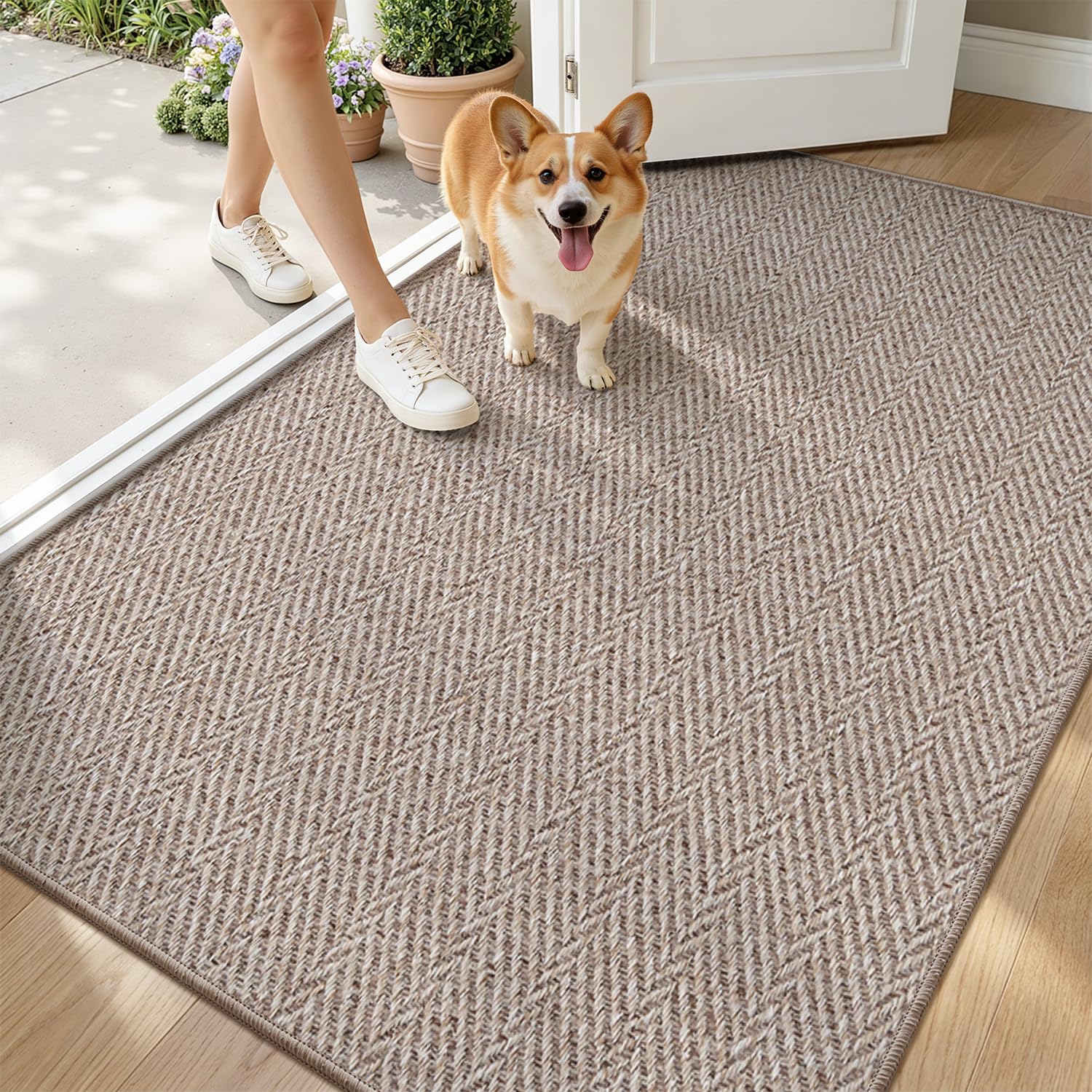 LUMI Ultra Thin Indoor Door Mat for Entrance 24"x36", Non Slip Entryway Mat, Low Profile Doormat, Unique Herringbone Design Carpet for Inside, Patio, Porch, Beige
