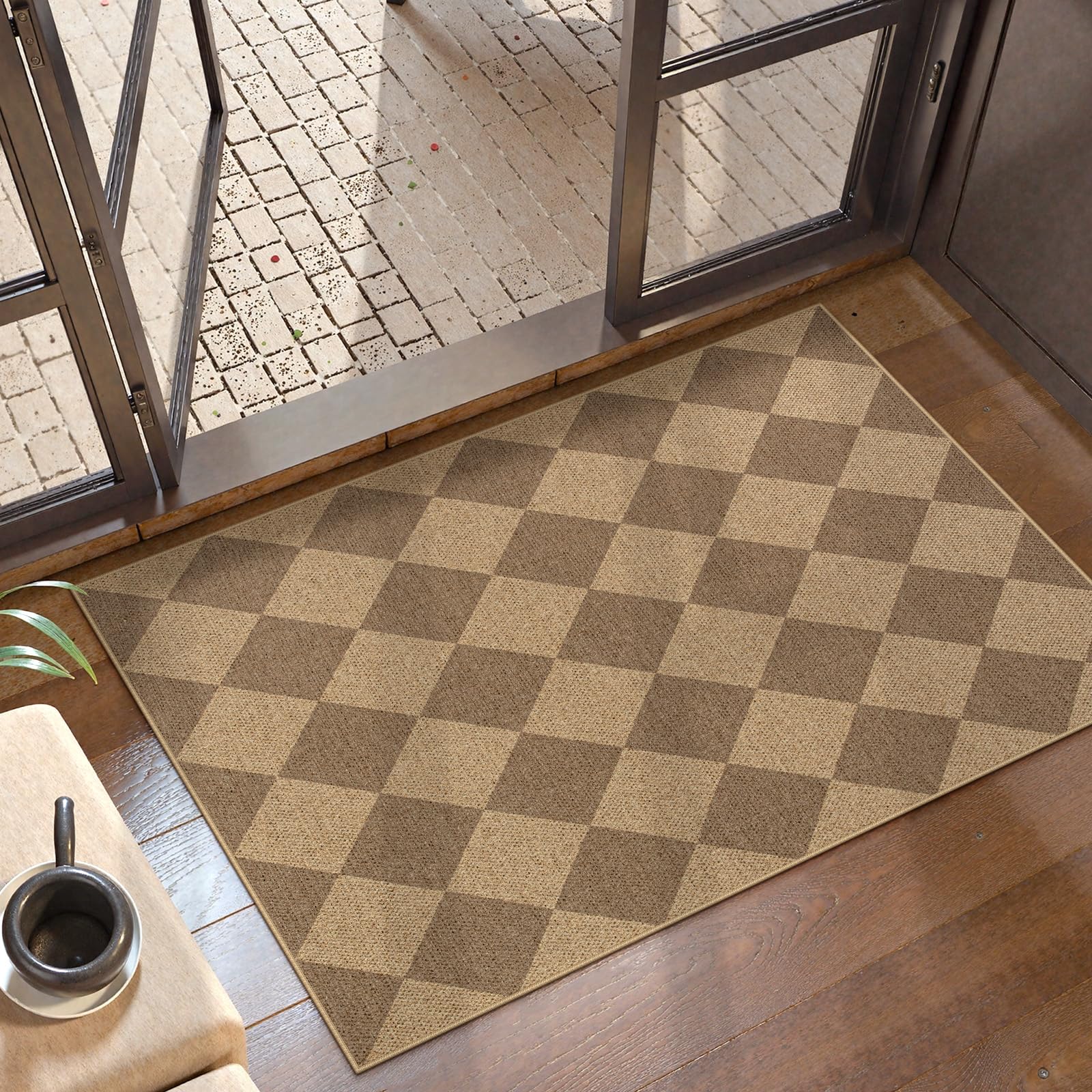 Lahome Colette Checkered Easy Jute Entryway Rug, 3x5 Washable Area Rugs for Living Room Outdoor Patio, Non Slip Blue Indoor Door Mat Checkerboard Throw Carpet for Entry Front Door Guestroom Deck
