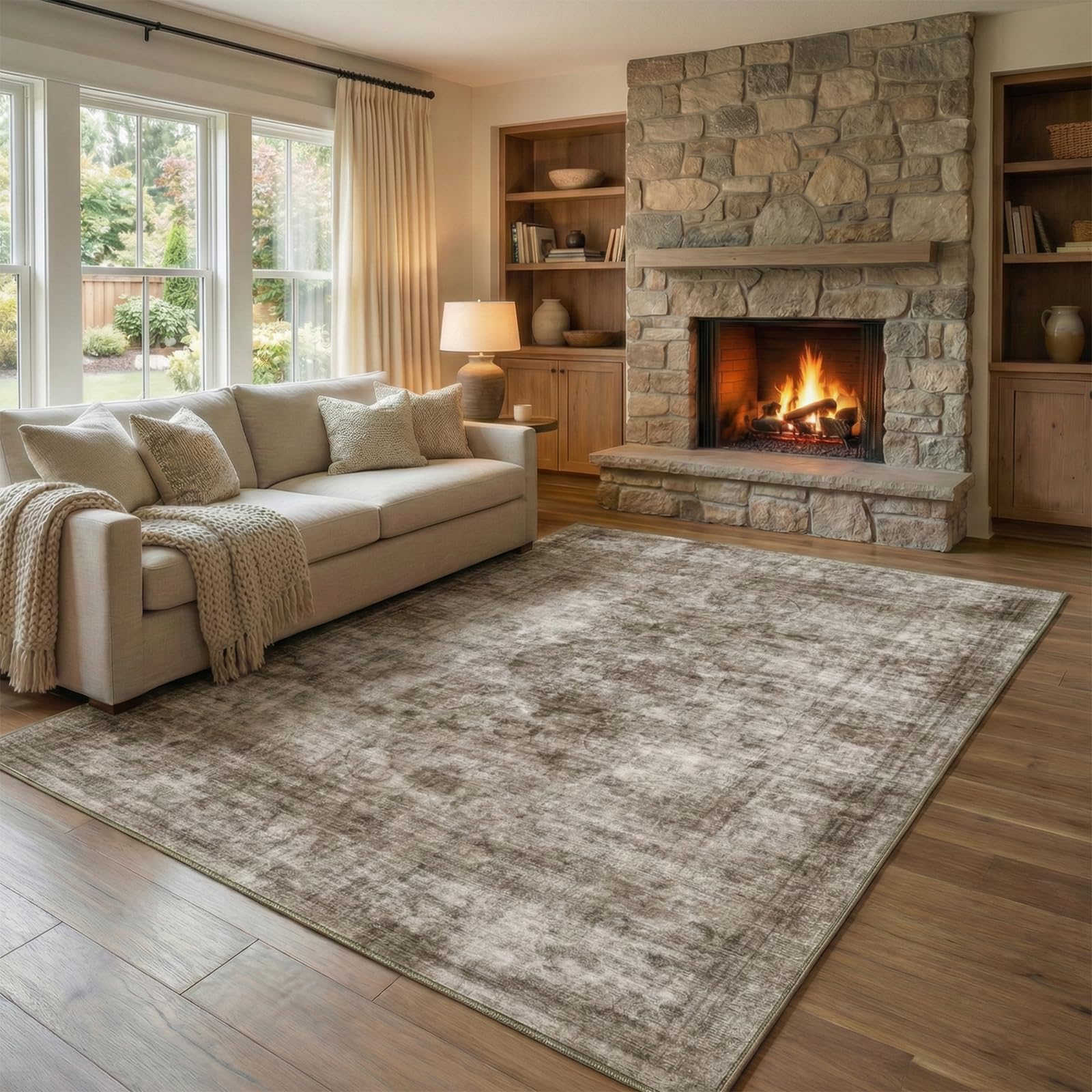Homemate Washable Rug 8x10 Area Rugs - Vintage Faux Wool Rugs for Living Room Bedroom Dining Room - Non Slip Foldable Carpet Indoor Area Rug for Home Decor（8'x10', Beige