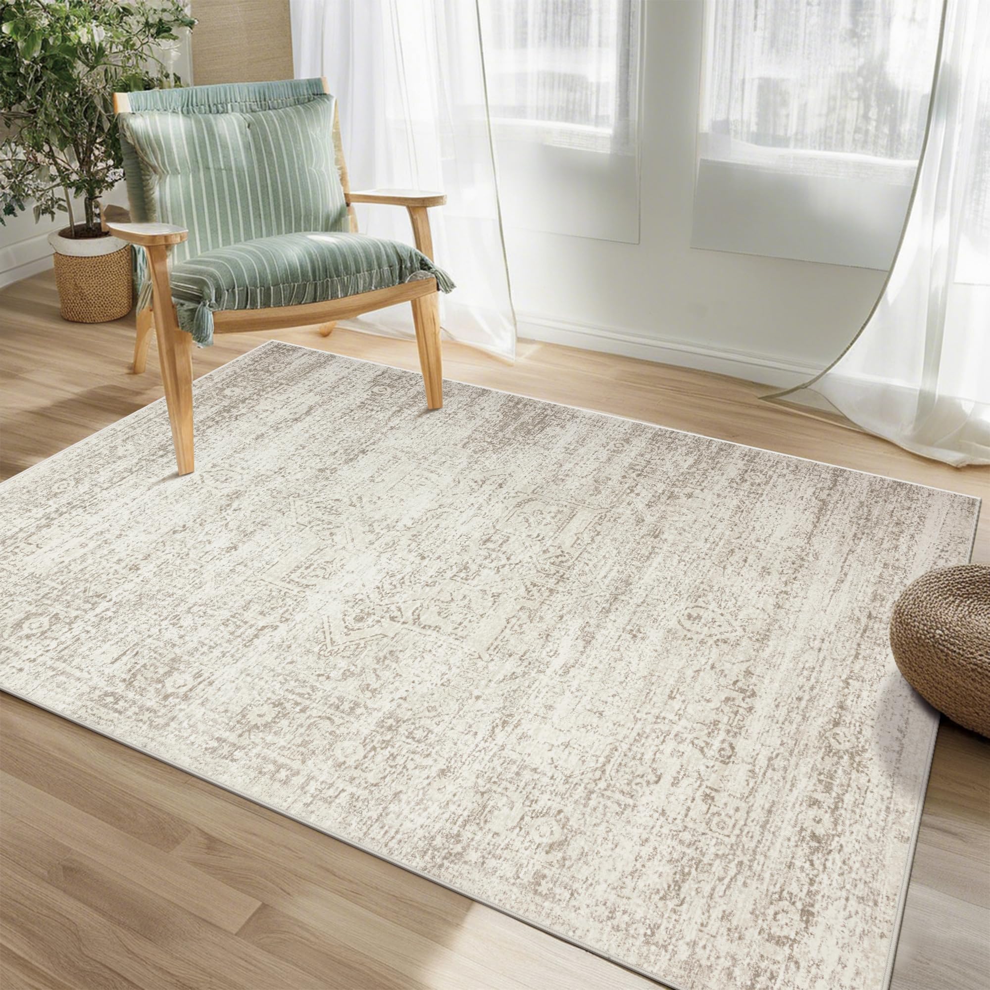 Srugn Washable Rugs 8x10 Area Rugs for Living Room,Ultra Soft Faux Wool Retro Rugs for Bedroom,Dining Room,Non Slip&Non-Shedding Low Pile Vintage Print Rug Indoor Large Carpets for Home Office Decor