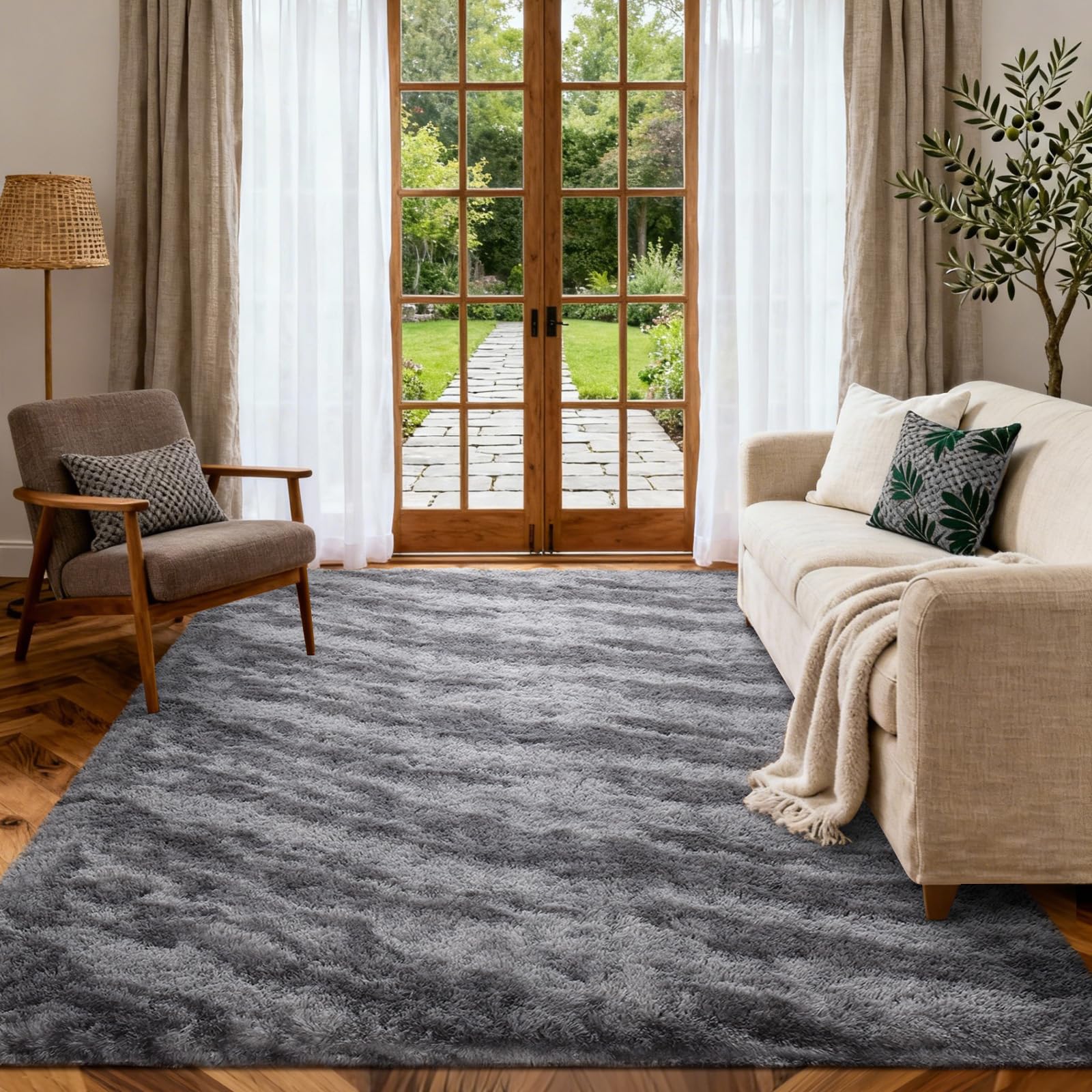 6x9 Ft Large Shag Rugs for Living Room Decor, Tie-Dyed Ultra Soft Fluffy Furry Area Rugs for Bedroom Indoor Floor, Aesthetic Carpet for Kids Home (Dark Grey)