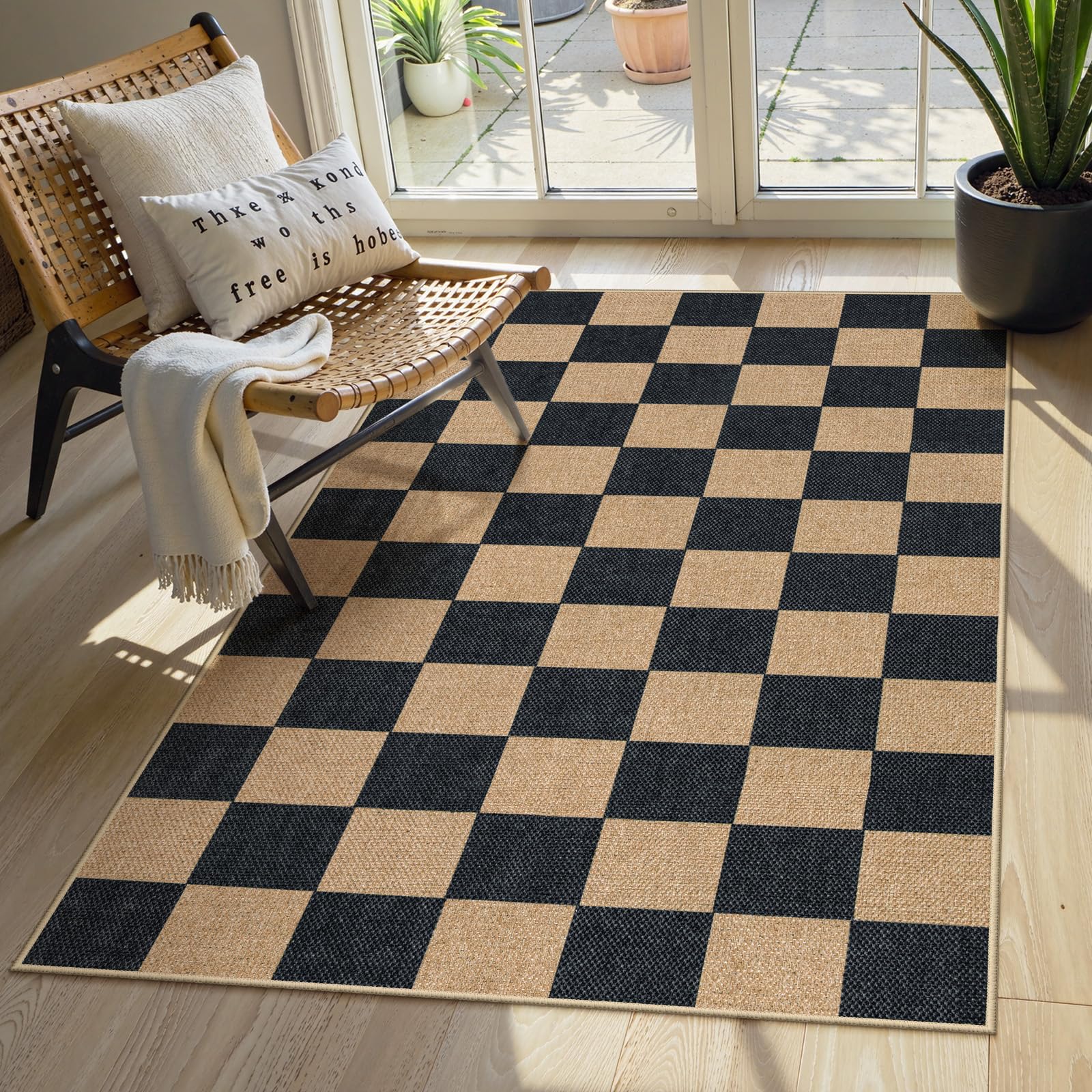Lahome Colette Checkered Easy Jute Entryway Rug, 3x5 Washable Area Rugs for Living Room Outdoor Patio, Non Slip Blue Indoor Door Mat Checkerboard Throw Carpet for Entry Front Door Guestroom Deck