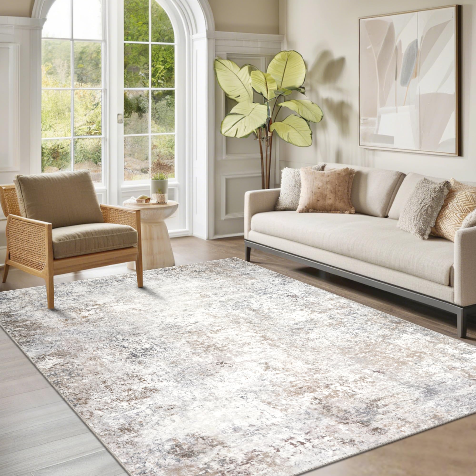 Srugn Washable Rugs 8x10 Area Rugs for Living Room,Ultra Soft Faux Wool Retro Rugs for Bedroom,Dining Room,Non Slip&Non-Shedding Low Pile Vintage Print Rug Indoor Large Carpets for Home Office Decor