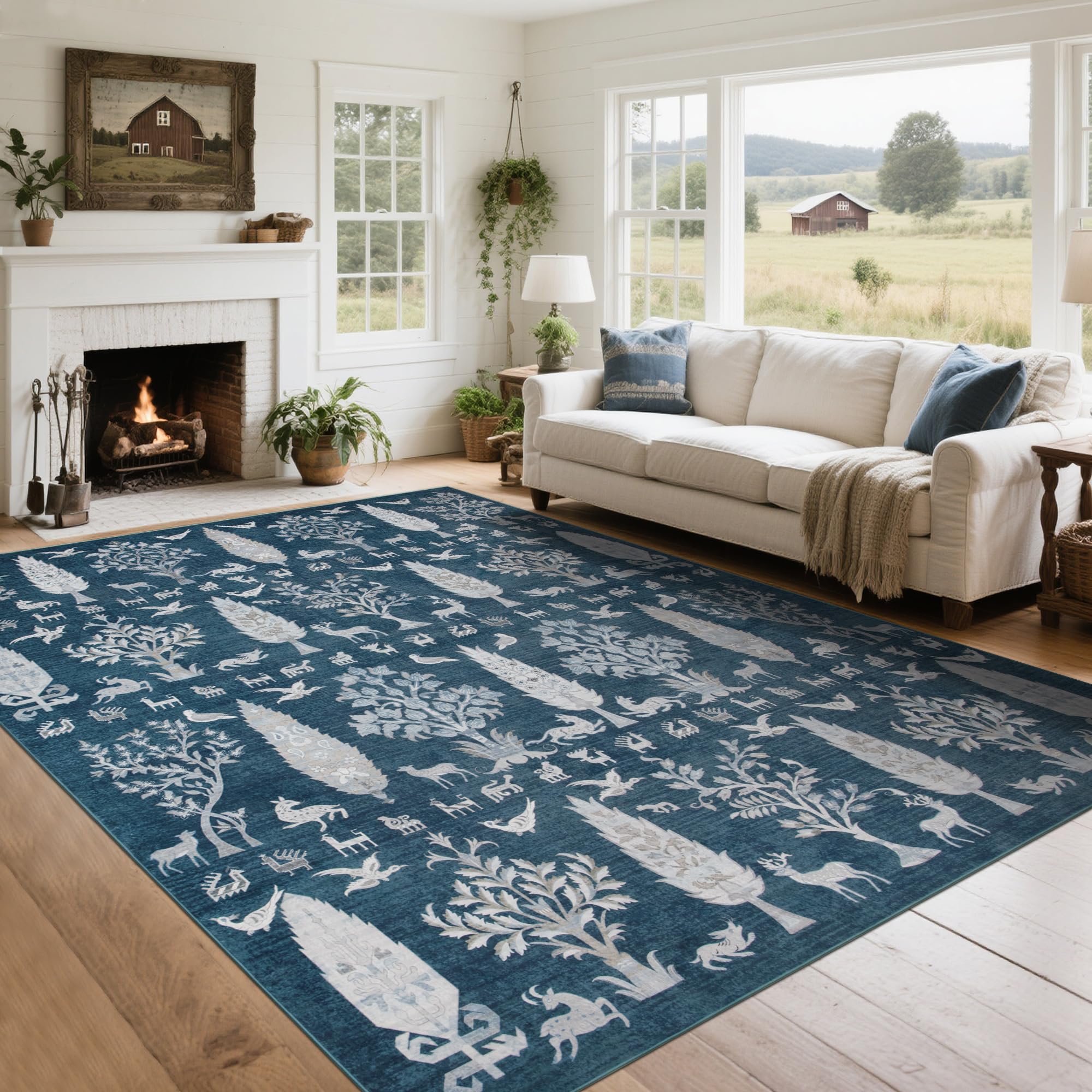 Srugn Washable Rugs 8x10 Area Rugs for Living Room,Ultra Soft Faux Wool Retro Rugs for Bedroom,Dining Room,Non Slip&Non-Shedding Low Pile Vintage Print Rug Indoor Large Carpets for Home Office Decor