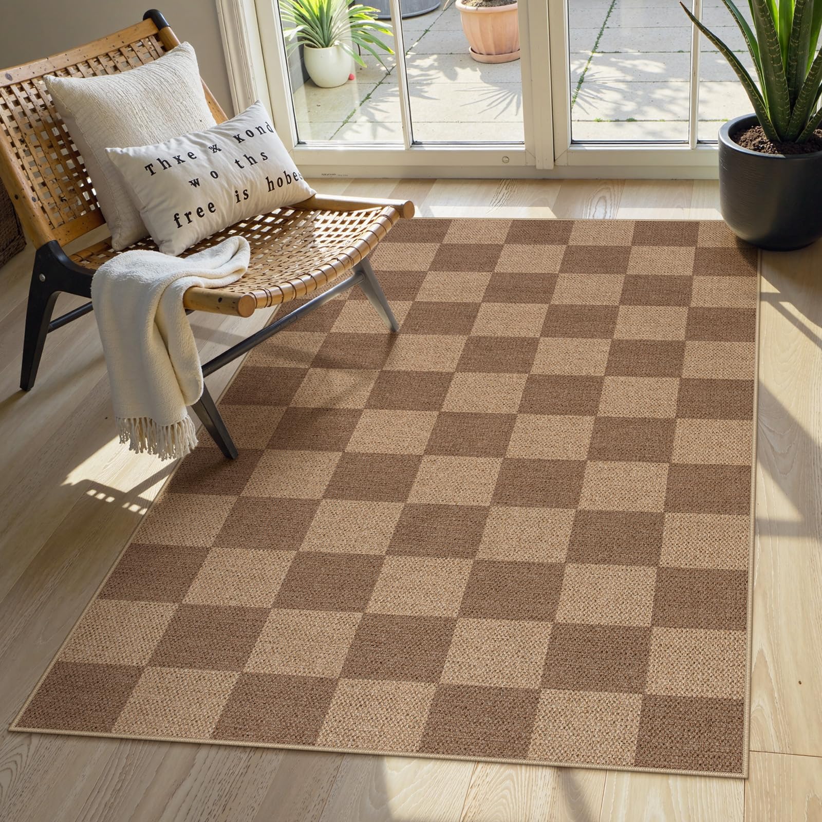 Lahome Colette Checkered Easy Jute Entryway Rug, 3x5 Washable Area Rugs for Living Room Outdoor Patio, Non Slip Blue Indoor Door Mat Checkerboard Throw Carpet for Entry Front Door Guestroom Deck