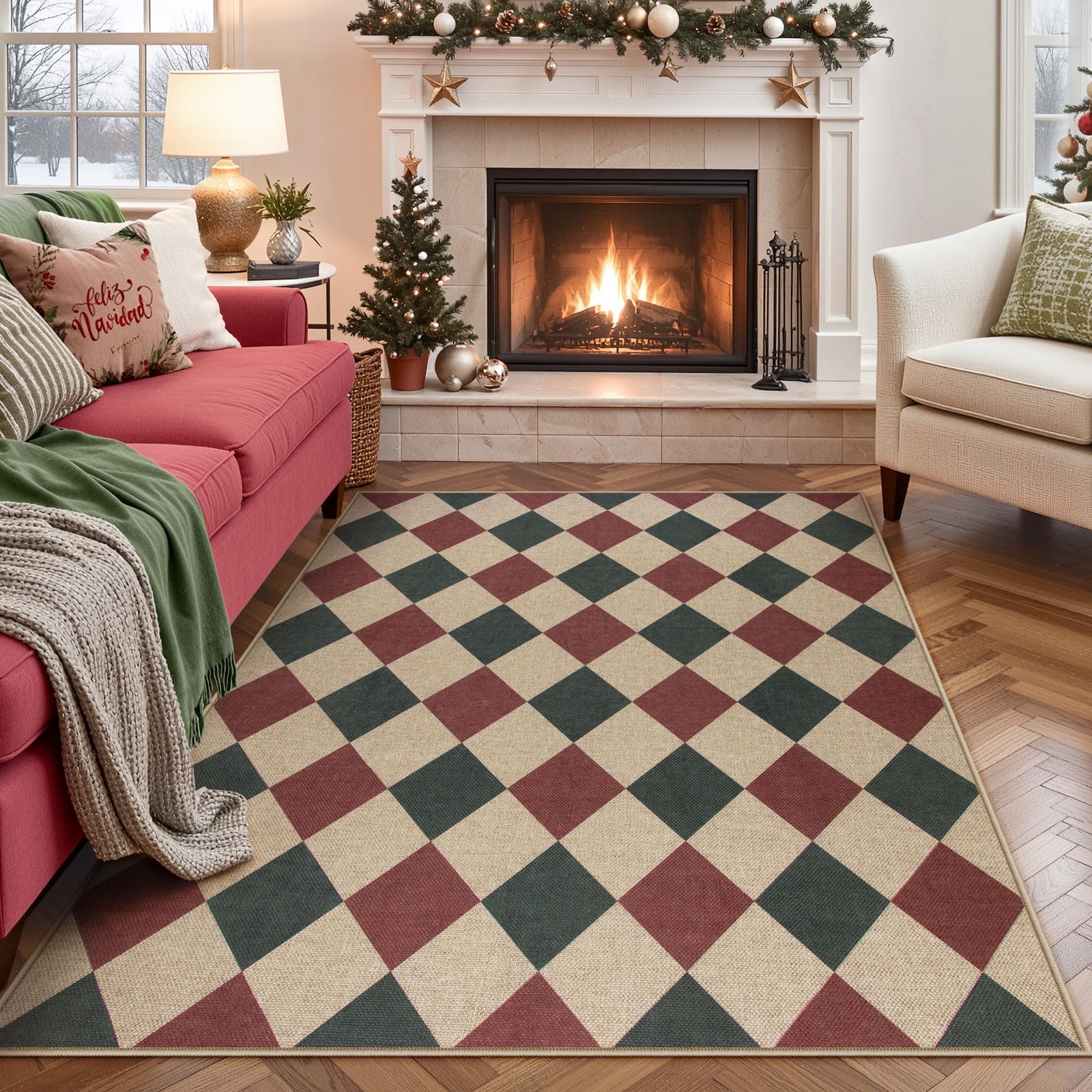 Lahome Colette Checkered Easy Jute Entryway Rug, 3x5 Washable Area Rugs for Living Room Outdoor Patio, Non Slip Blue Indoor Door Mat Checkerboard Throw Carpet for Entry Front Door Guestroom Deck