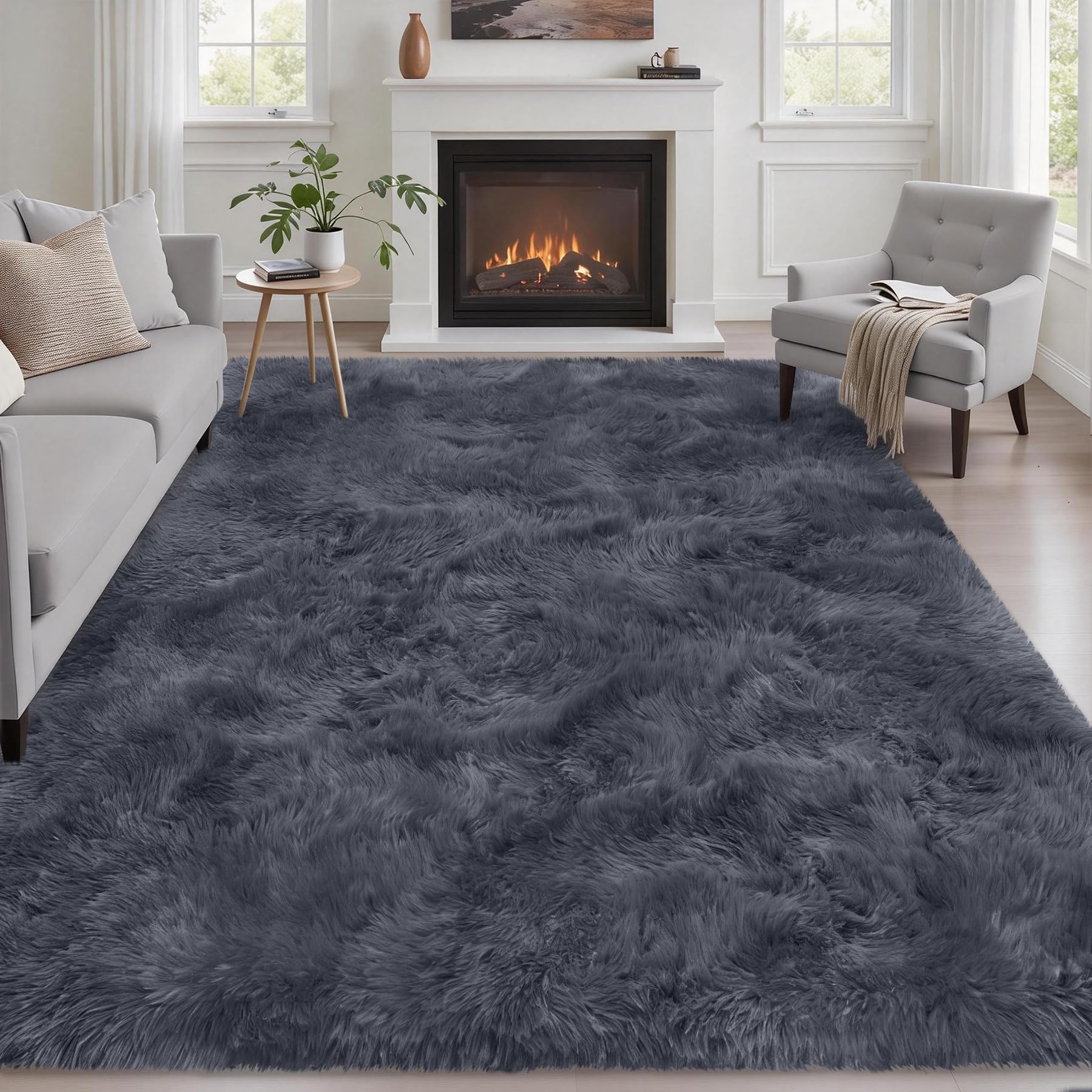 8x10 Area Rugs for Living Room Bedroom: Ultra Soft Fluffy Shag Rug Upgrade Non-Slip Non-Shedding Large Fuzzy Plush Carpet Indoor Floor Carpets for Kids Room Playroom Nursery Dorms Home Decor Black