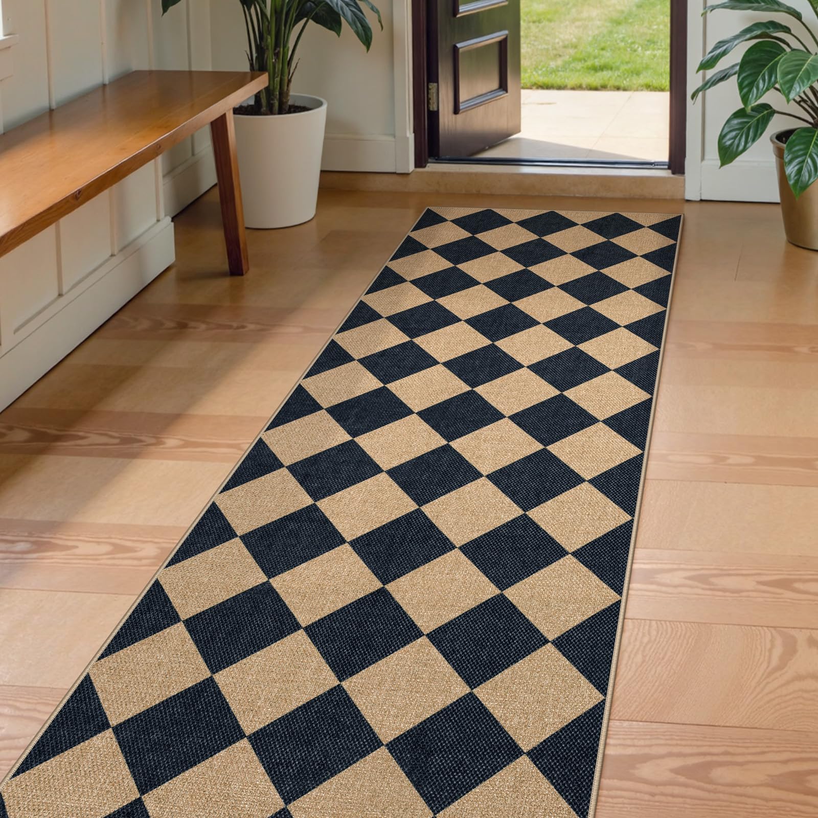 Lahome Colette Checkered Easy Jute Entryway Rug, 3x5 Washable Area Rugs for Living Room Outdoor Patio, Non Slip Blue Indoor Door Mat Checkerboard Throw Carpet for Entry Front Door Guestroom Deck