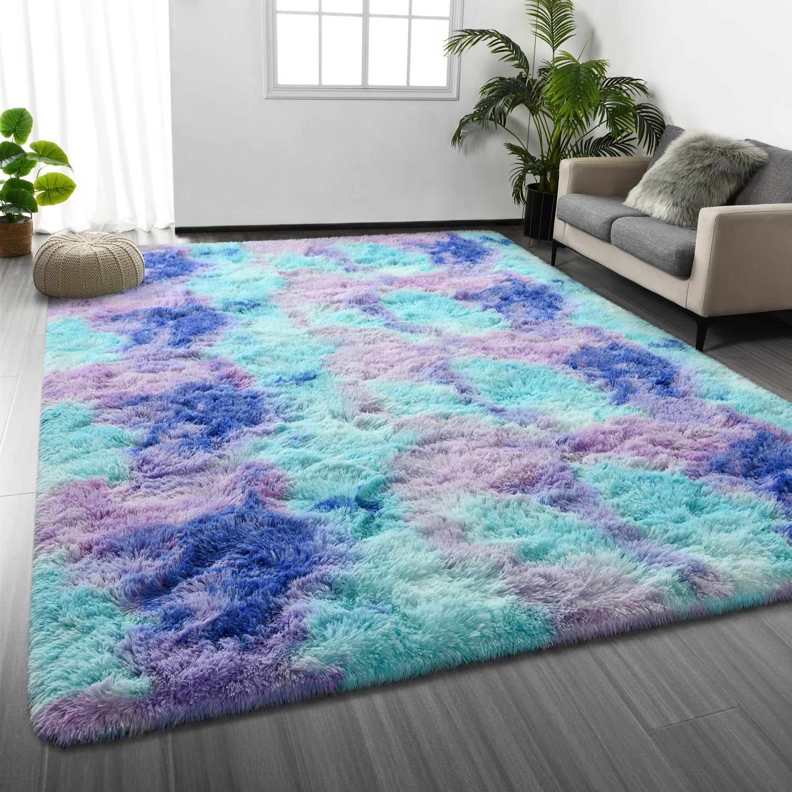 Deerhoo Large Shag Area Rugs 6 x 9, Tie-Dyed Plush Fuzzy Rug for Living Room, Ultra Soft Fluffy Furry Rugs for Bedroom, Indoor Carpet Nursery Rugs for Kids Room Home Decor, Light Grey
