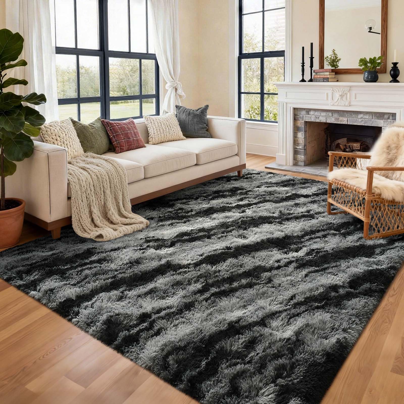 6x9 Ft Large Shag Rugs for Living Room Decor, Tie-Dyed Ultra Soft Fluffy Furry Area Rugs for Bedroom Indoor Floor, Aesthetic Carpet for Kids Home (Dark Grey)