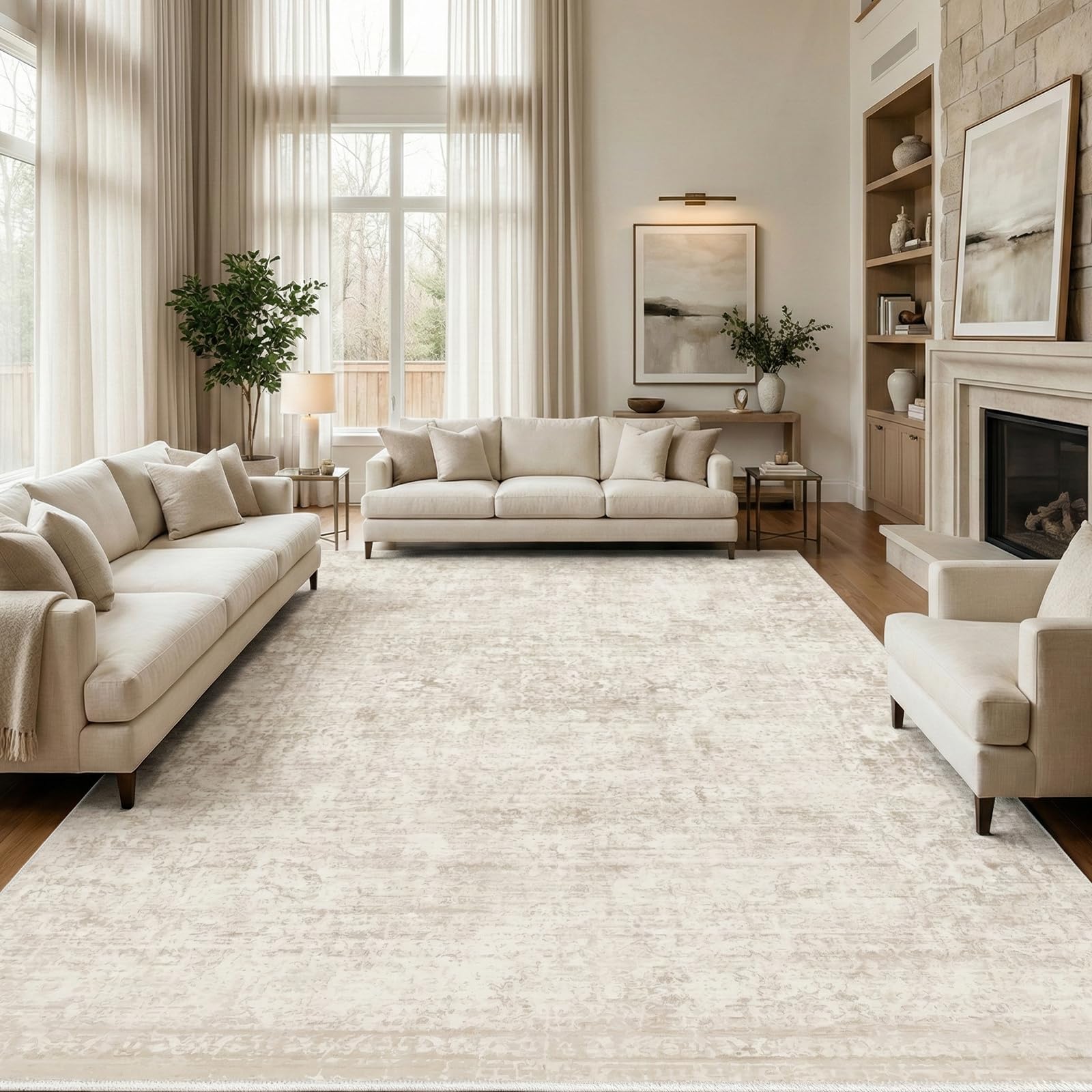 Homemate Washable Rug 8x10 Area Rugs - Vintage Faux Wool Rugs for Living Room Bedroom Dining Room - Non Slip Foldable Carpet Indoor Area Rug for Home Decor（8'x10', Beige
