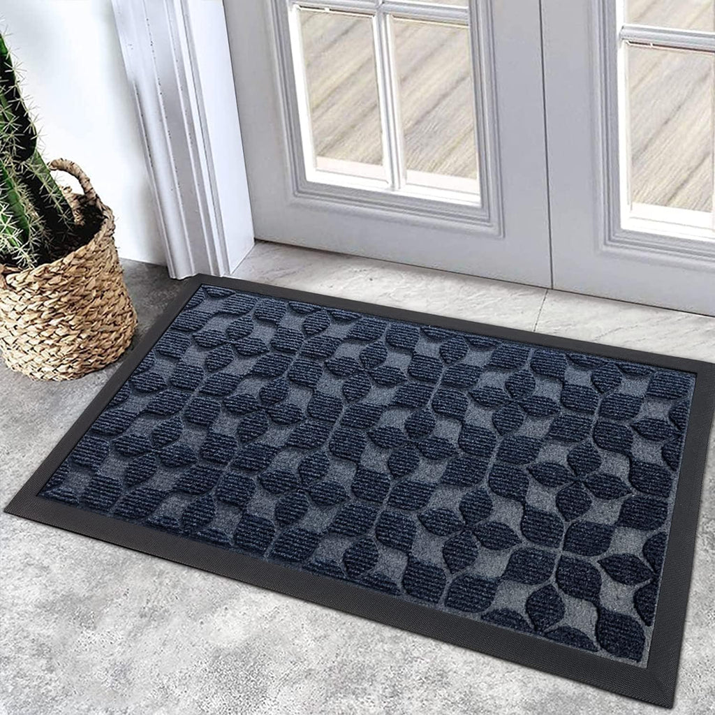 Bulijojo Sturdy Front Entrance Doormats,Durable Heavy Duty Welcome Mat,Thick Absorbent Natural Rubber Non Slip Mat,Easy Clean Entryway Mat Geometric Blue 23"x35"
