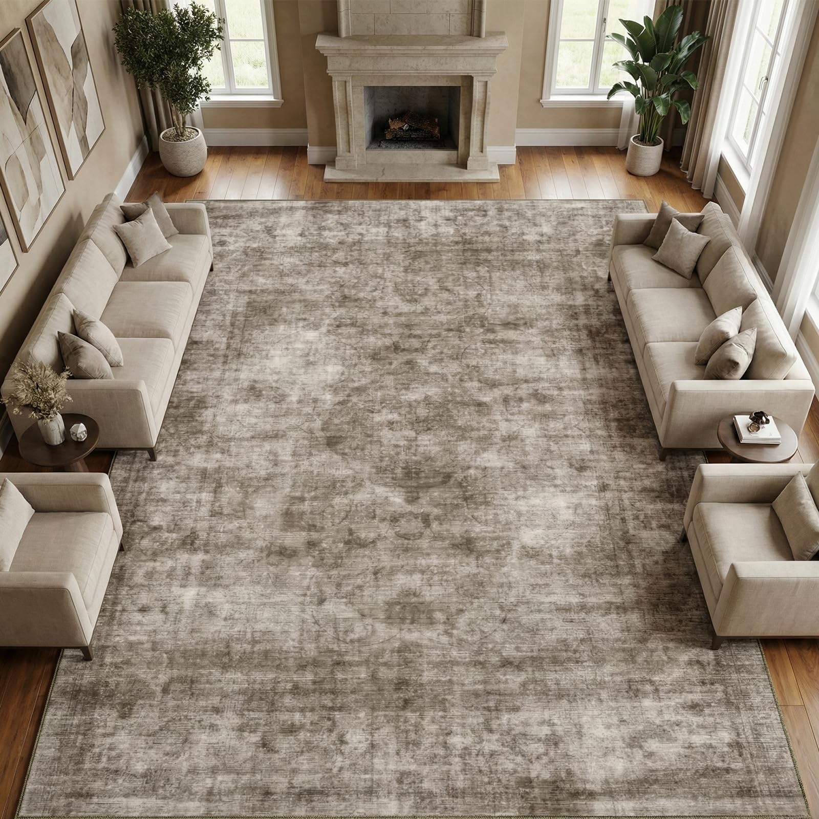 Homemate Washable Rug 8x10 Area Rugs - Vintage Faux Wool Rugs for Living Room Bedroom Dining Room - Non Slip Foldable Carpet Indoor Area Rug for Home Decor（8'x10', Beige