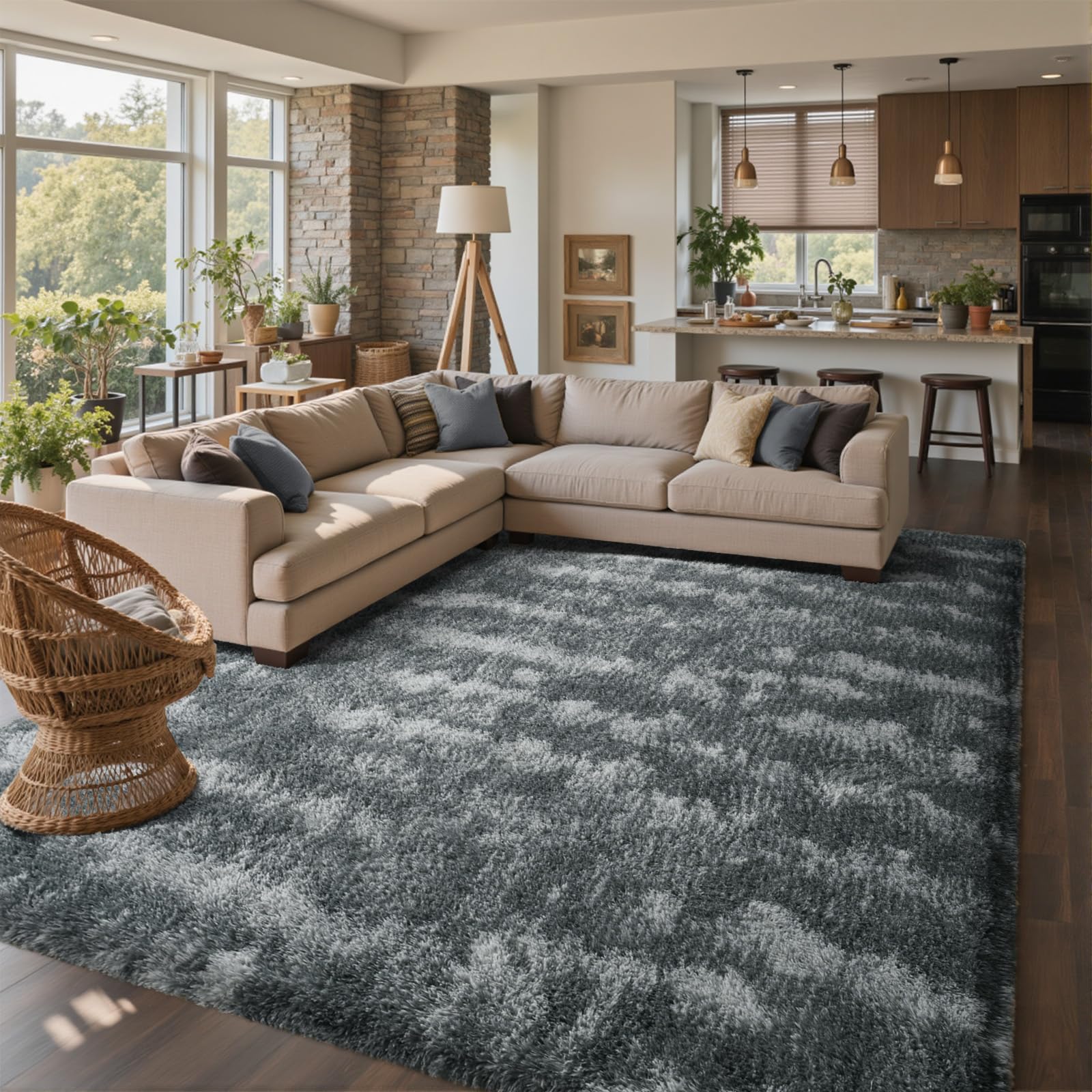 6x9 Ft Large Shag Rugs for Living Room Decor, Tie-Dyed Ultra Soft Fluffy Furry Area Rugs for Bedroom Indoor Floor, Aesthetic Carpet for Kids Home (Dark Grey)