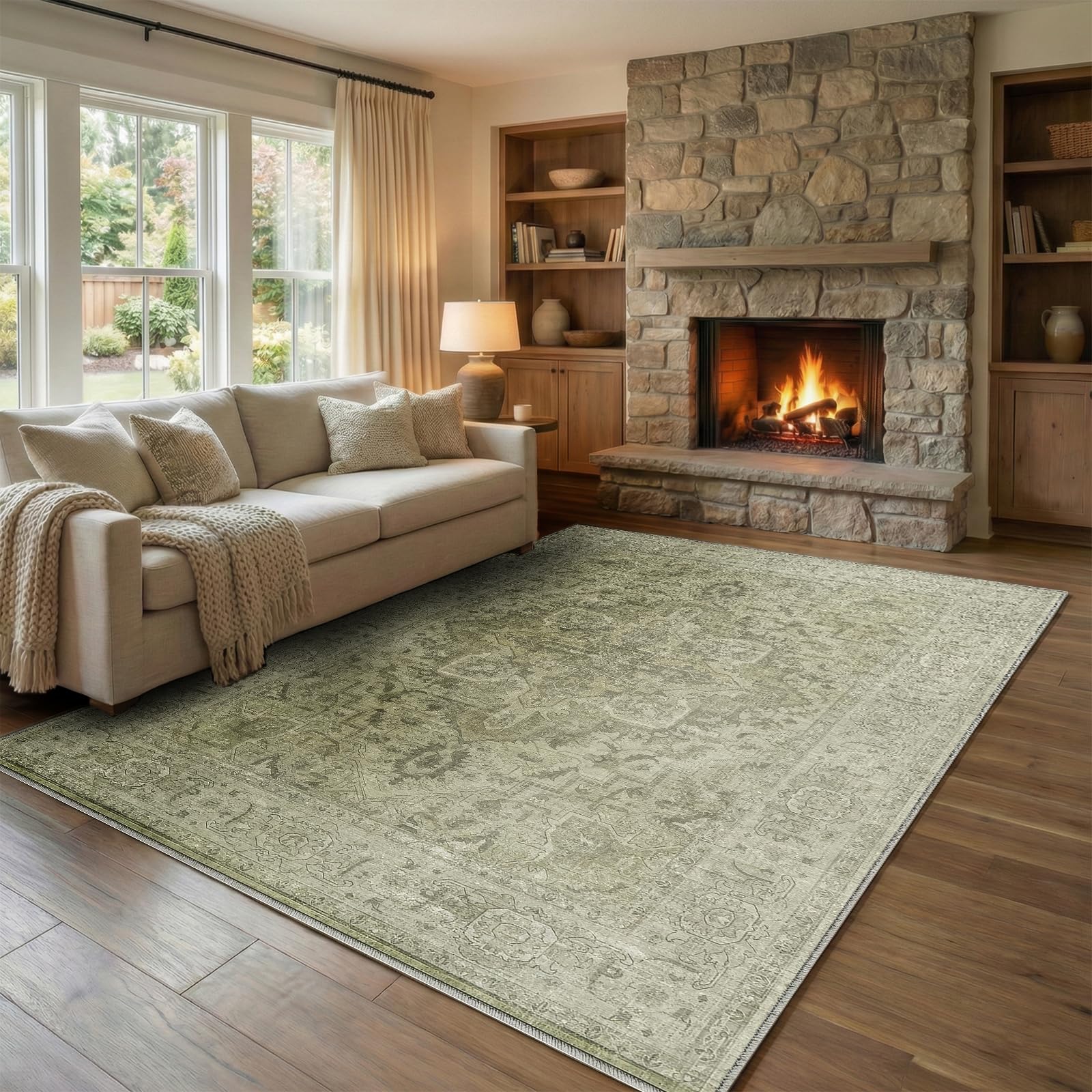 Homemate Washable Rug 8x10 Area Rugs - Vintage Faux Wool Rugs for Living Room Bedroom Dining Room - Non Slip Foldable Carpet Indoor Area Rug for Home Decor（8'x10', Beige