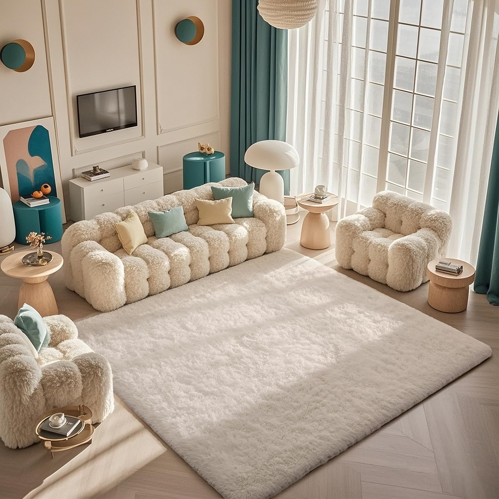 Ophanie 8x10 Area Rugs for Living Room, Upgrade Non-Slip Fluffy Soft Large Shag Bedroom Carpet, Ivory Big Indoor Thick Nursery Rug, Carpets for Boy and Girls Room Dorm Home Decor Aesthetic