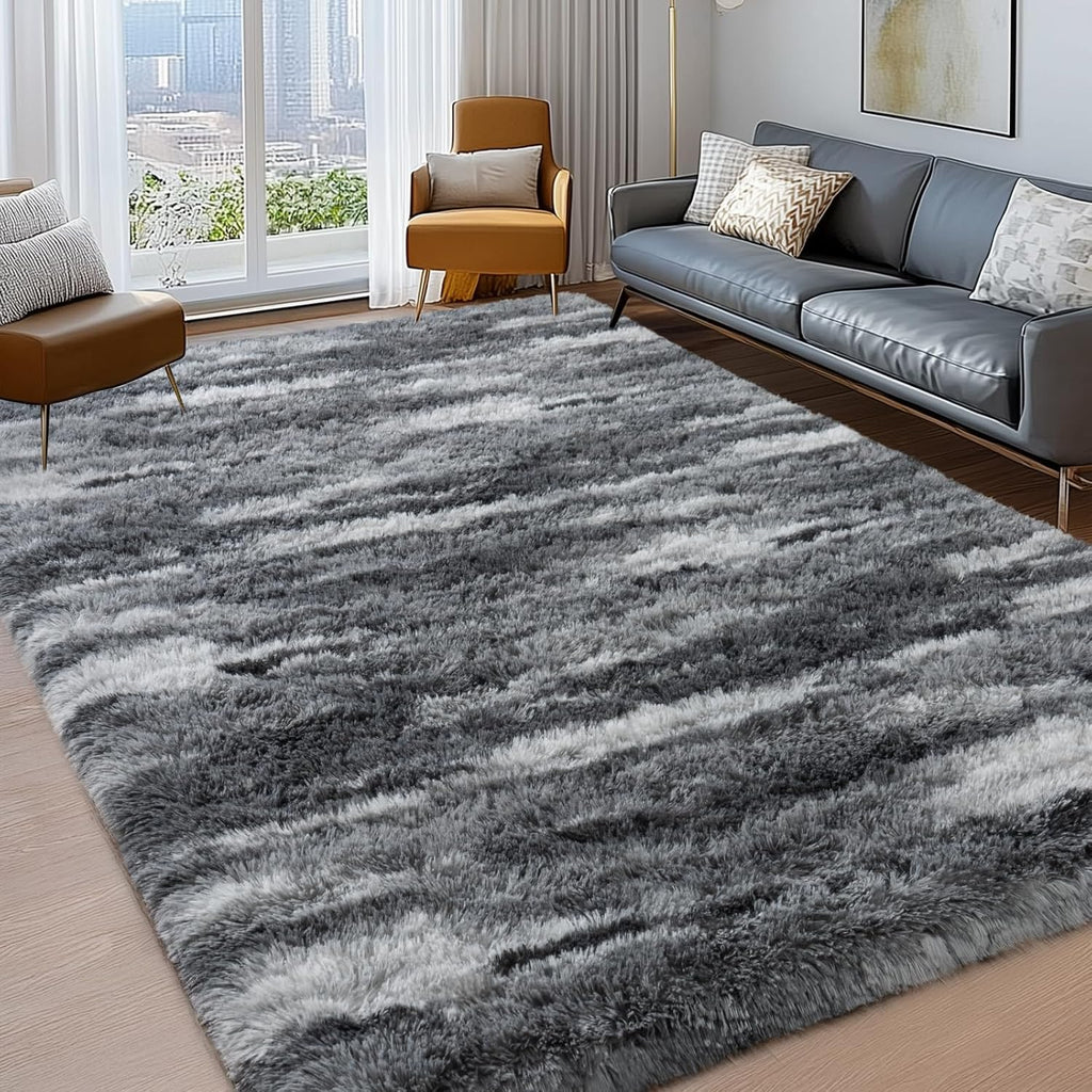 Shag Rugs for Living Room 8x10, Ultra Soft Abstract Grey Big Fuzzy Rugs for Bedroom, 8 x 10 Fluffy Shaggy Plush Carpet Girls Kids Room Dorm Upgrade Non-Slip