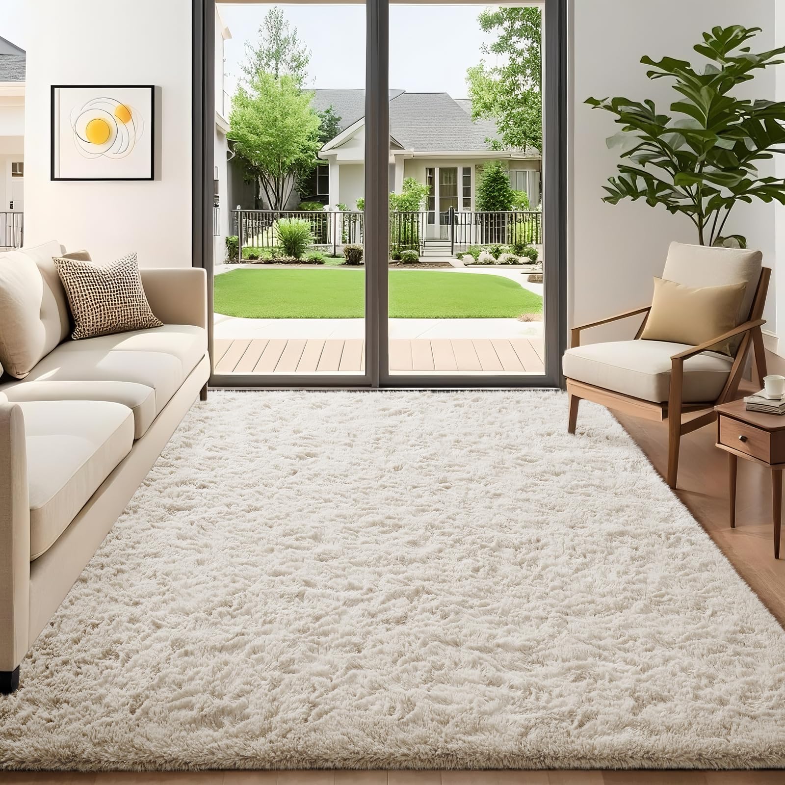 Ophanie 8x10 Area Rugs for Living Room, Upgrade Non-Slip Fluffy Soft Large Shag Bedroom Carpet, Ivory Big Indoor Thick Nursery Rug, Carpets for Boy and Girls Room Dorm Home Decor Aesthetic