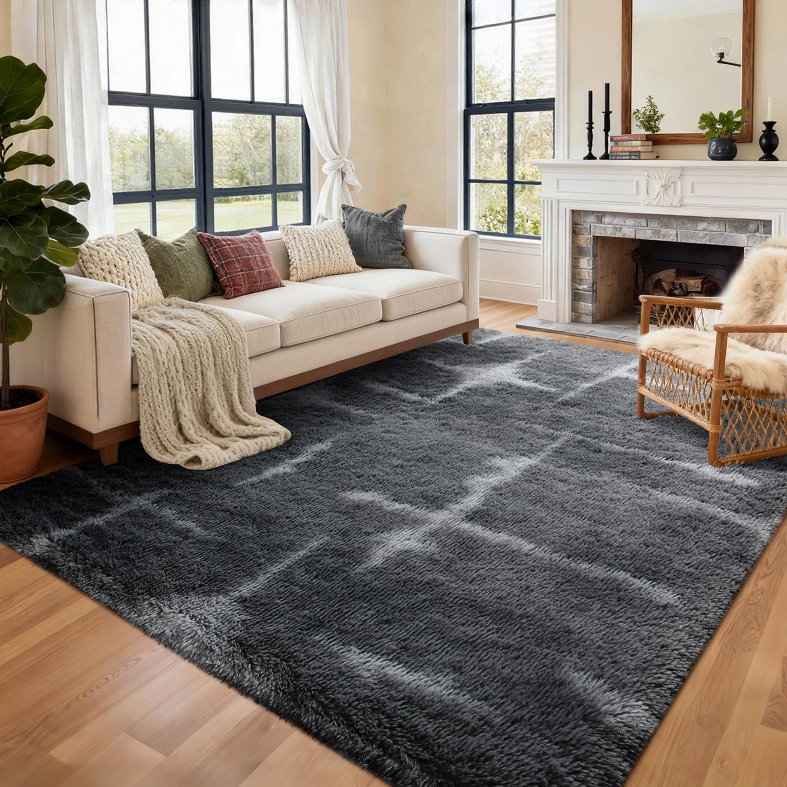 6x9 Ft Large Shag Rugs for Living Room Decor, Tie-Dyed Ultra Soft Fluffy Furry Area Rugs for Bedroom Indoor Floor, Aesthetic Carpet for Kids Home (Dark Grey)