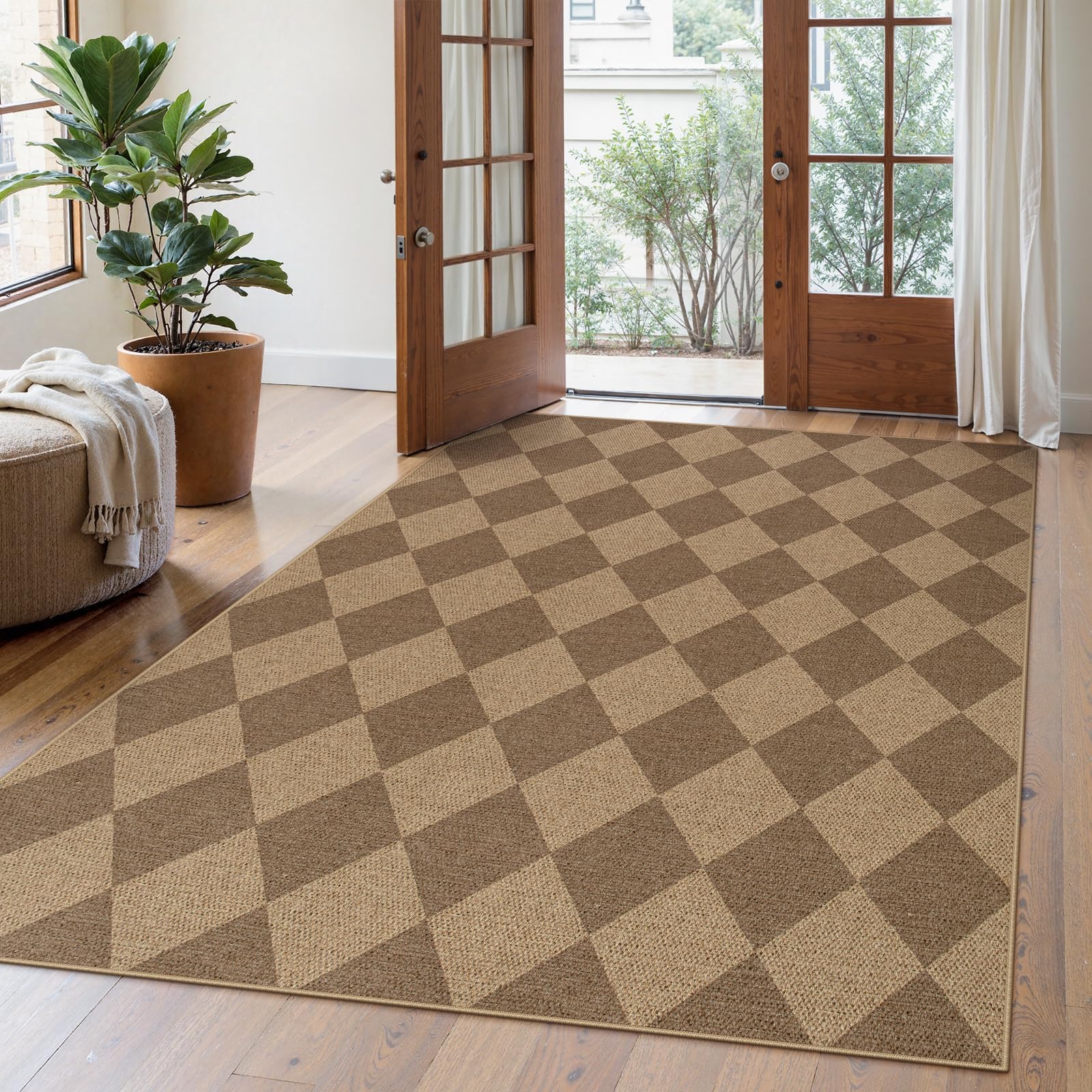Lahome Colette Checkered Easy Jute Entryway Rug, 3x5 Washable Area Rugs for Living Room Outdoor Patio, Non Slip Blue Indoor Door Mat Checkerboard Throw Carpet for Entry Front Door Guestroom Deck