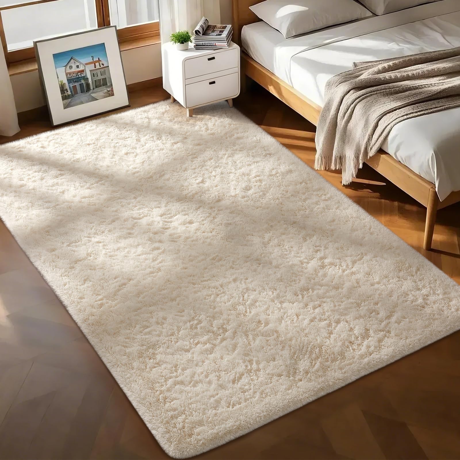 Ophanie 8x10 Area Rugs for Living Room, Upgrade Non-Slip Fluffy Soft Large Shag Bedroom Carpet, Ivory Big Indoor Thick Nursery Rug, Carpets for Boy and Girls Room Dorm Home Decor Aesthetic
