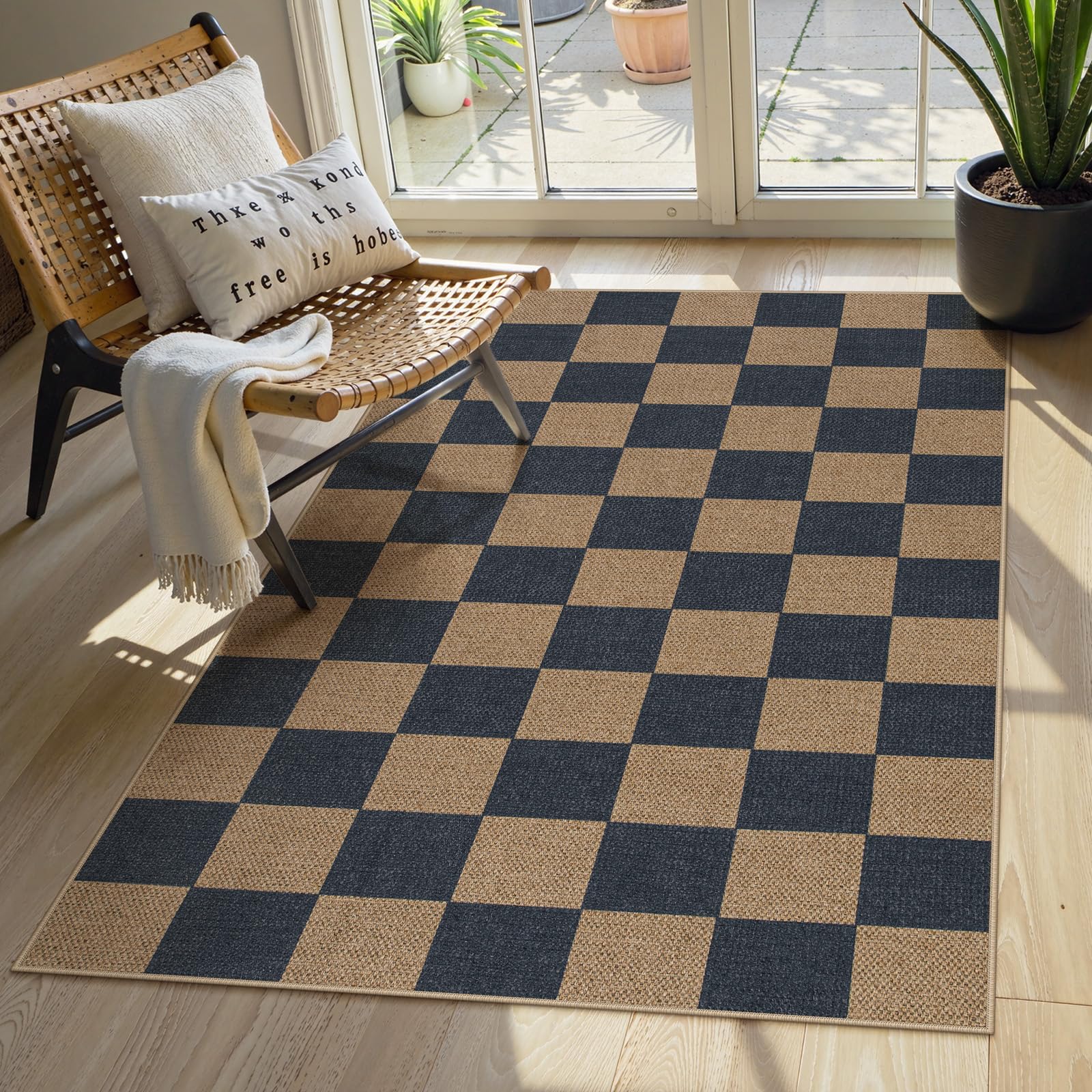 Lahome Colette Checkered Easy Jute Entryway Rug, 3x5 Washable Area Rugs for Living Room Outdoor Patio, Non Slip Blue Indoor Door Mat Checkerboard Throw Carpet for Entry Front Door Guestroom Deck