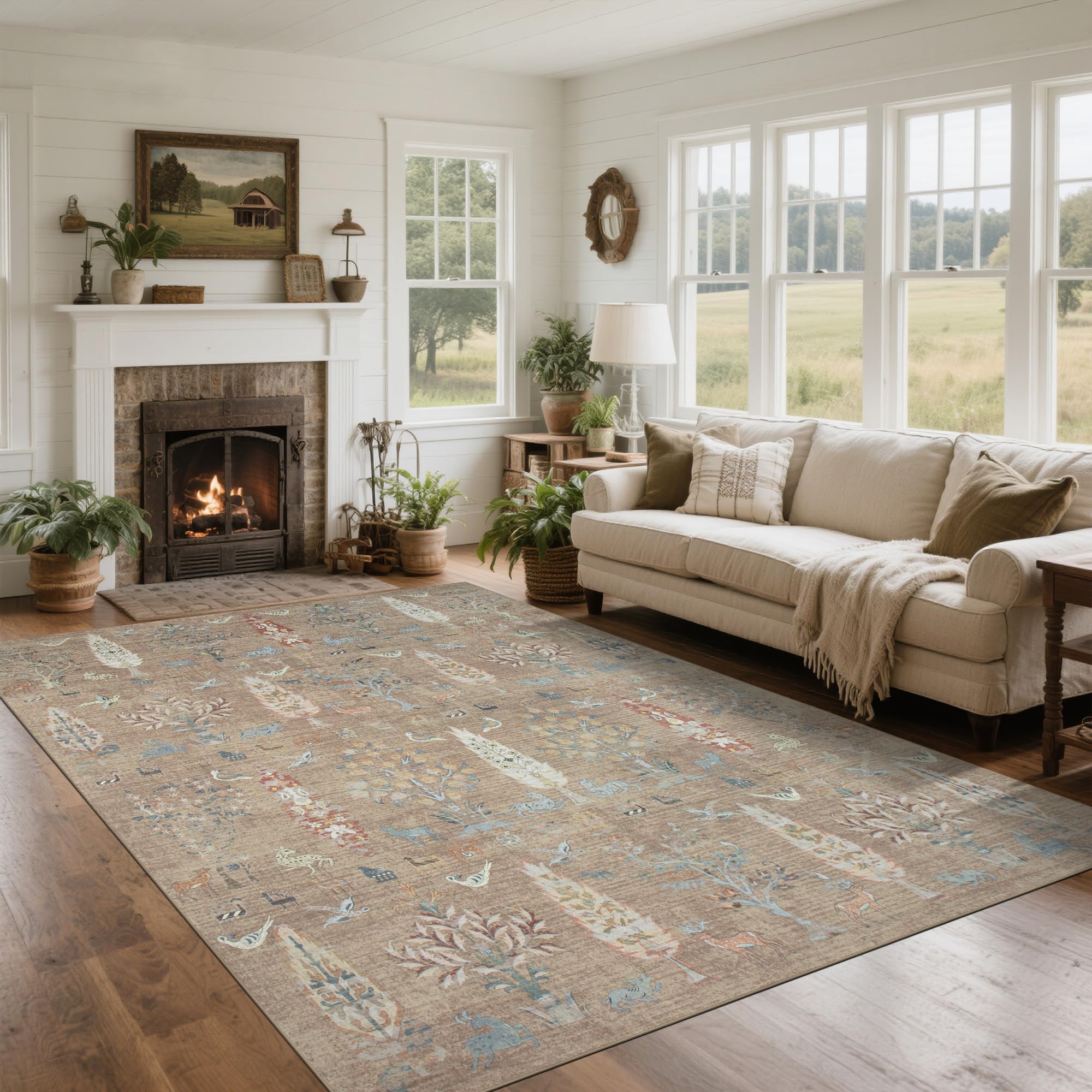 Srugn Washable Rugs 8x10 Area Rugs for Living Room,Ultra Soft Faux Wool Retro Rugs for Bedroom,Dining Room,Non Slip&Non-Shedding Low Pile Vintage Print Rug Indoor Large Carpets for Home Office Decor