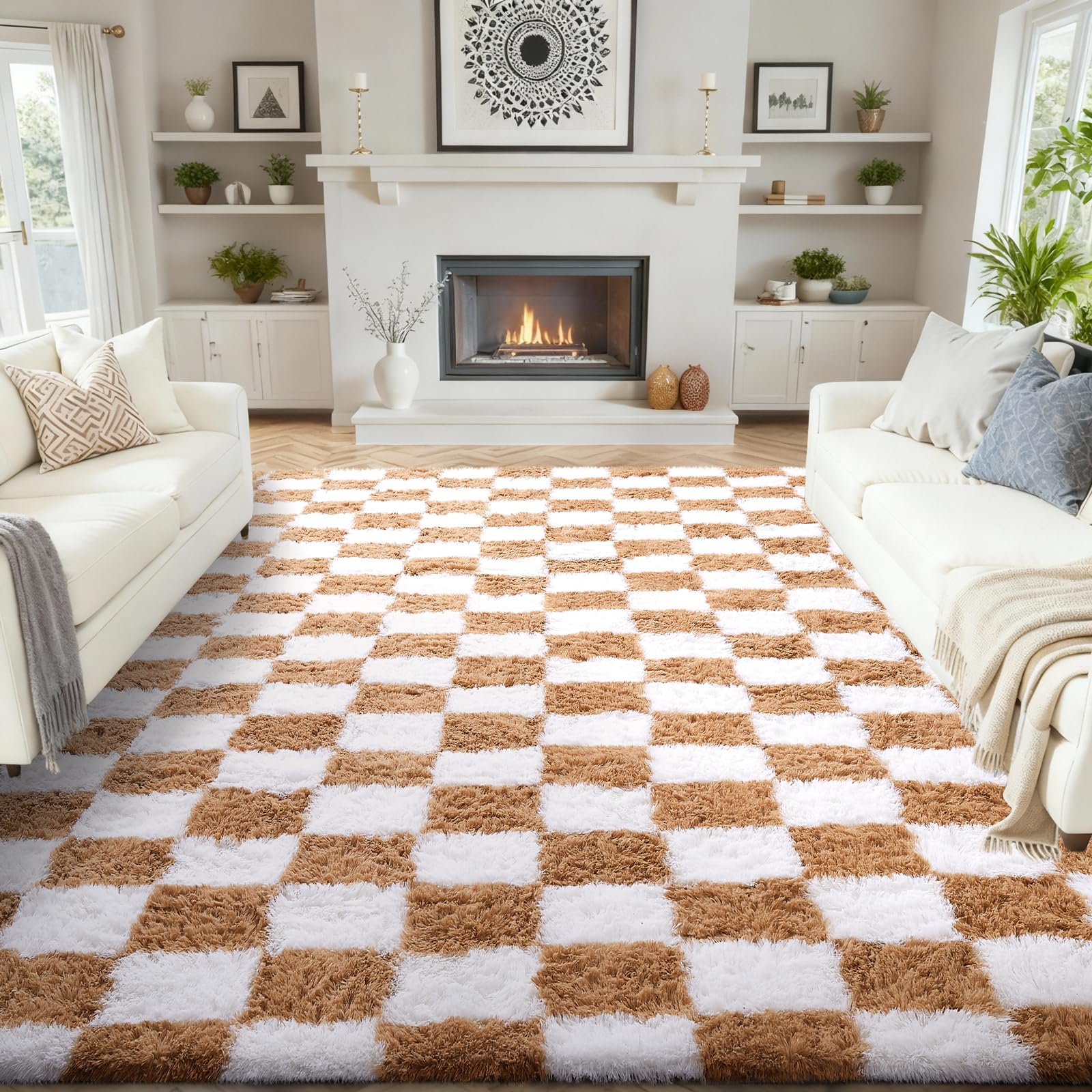 Ophanie 8x10 Area Rugs for Living Room, Upgrade Non-Slip Fluffy Soft Large Shag Bedroom Carpet, Ivory Big Indoor Thick Nursery Rug, Carpets for Boy and Girls Room Dorm Home Decor Aesthetic