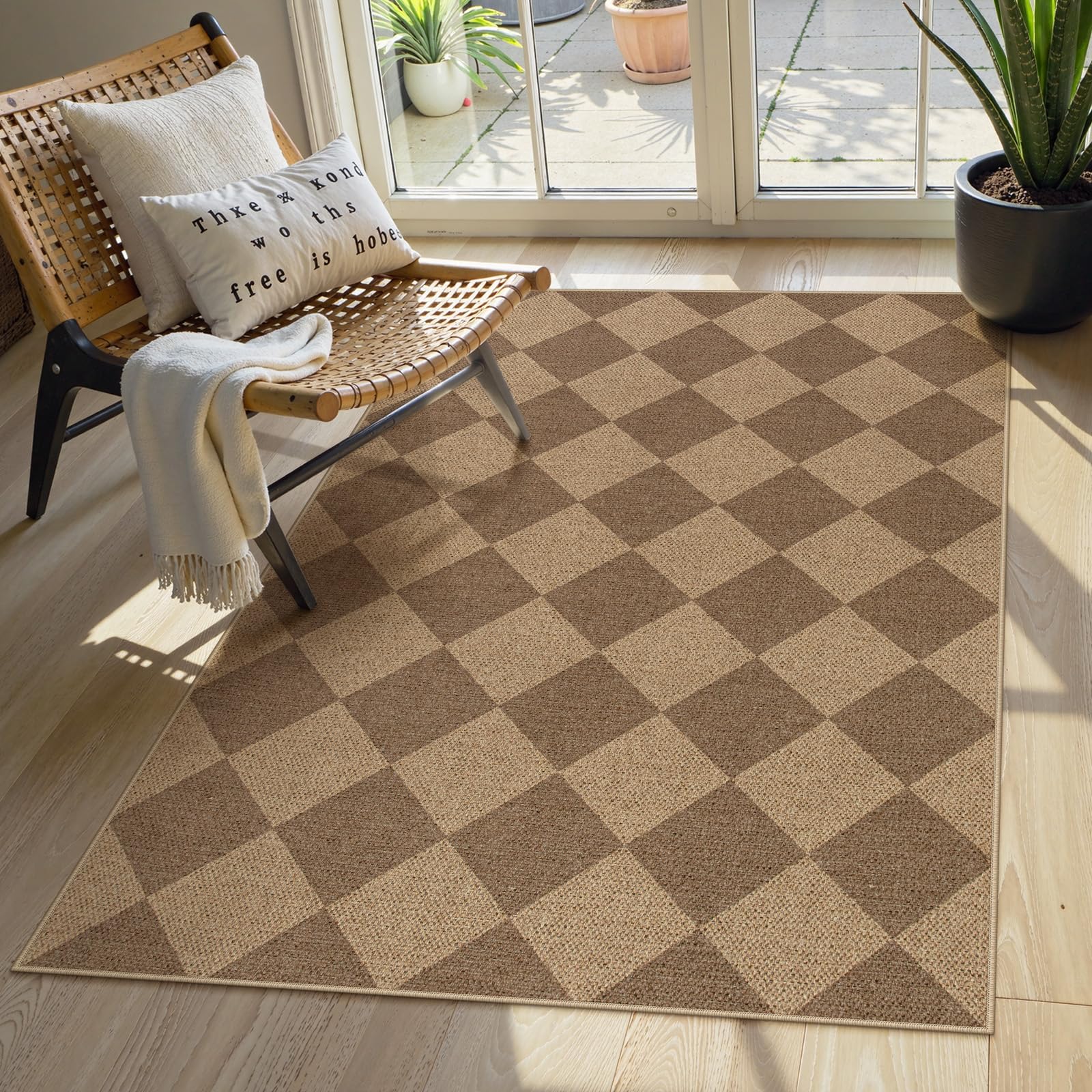 Lahome Colette Checkered Easy Jute Entryway Rug, 3x5 Washable Area Rugs for Living Room Outdoor Patio, Non Slip Blue Indoor Door Mat Checkerboard Throw Carpet for Entry Front Door Guestroom Deck
