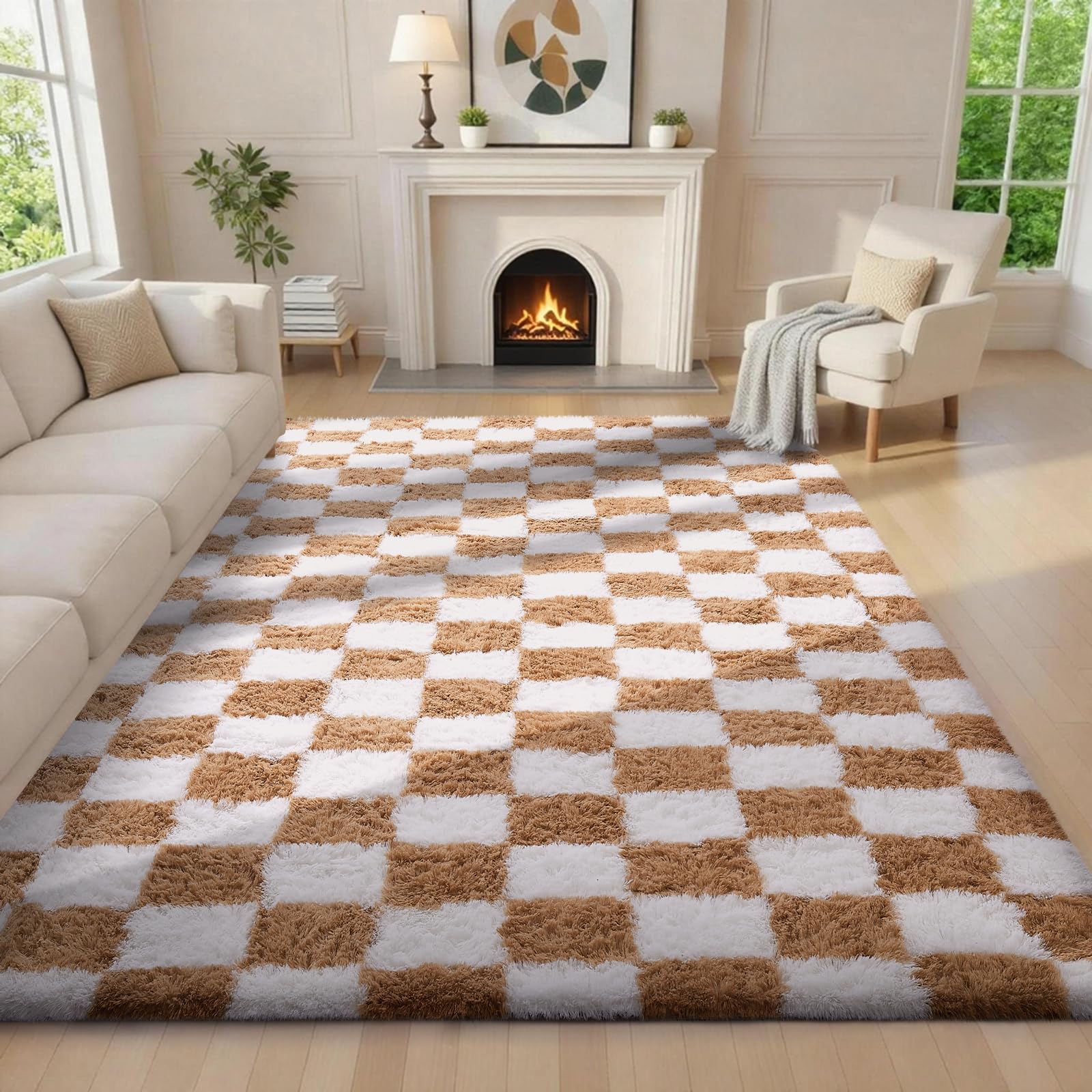 Ophanie 8x10 Area Rugs for Living Room, Upgrade Non-Slip Fluffy Soft Large Shag Bedroom Carpet, Ivory Big Indoor Thick Nursery Rug, Carpets for Boy and Girls Room Dorm Home Decor Aesthetic
