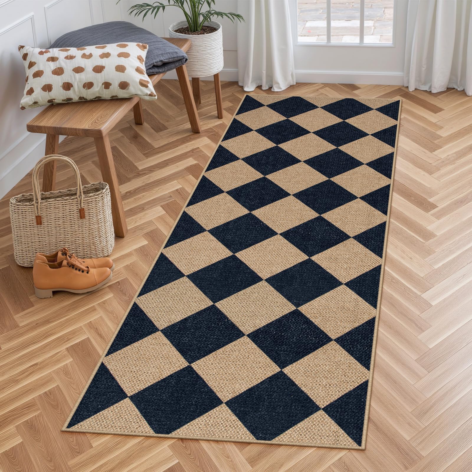 Lahome Colette Checkered Easy Jute Entryway Rug, 3x5 Washable Area Rugs for Living Room Outdoor Patio, Non Slip Blue Indoor Door Mat Checkerboard Throw Carpet for Entry Front Door Guestroom Deck