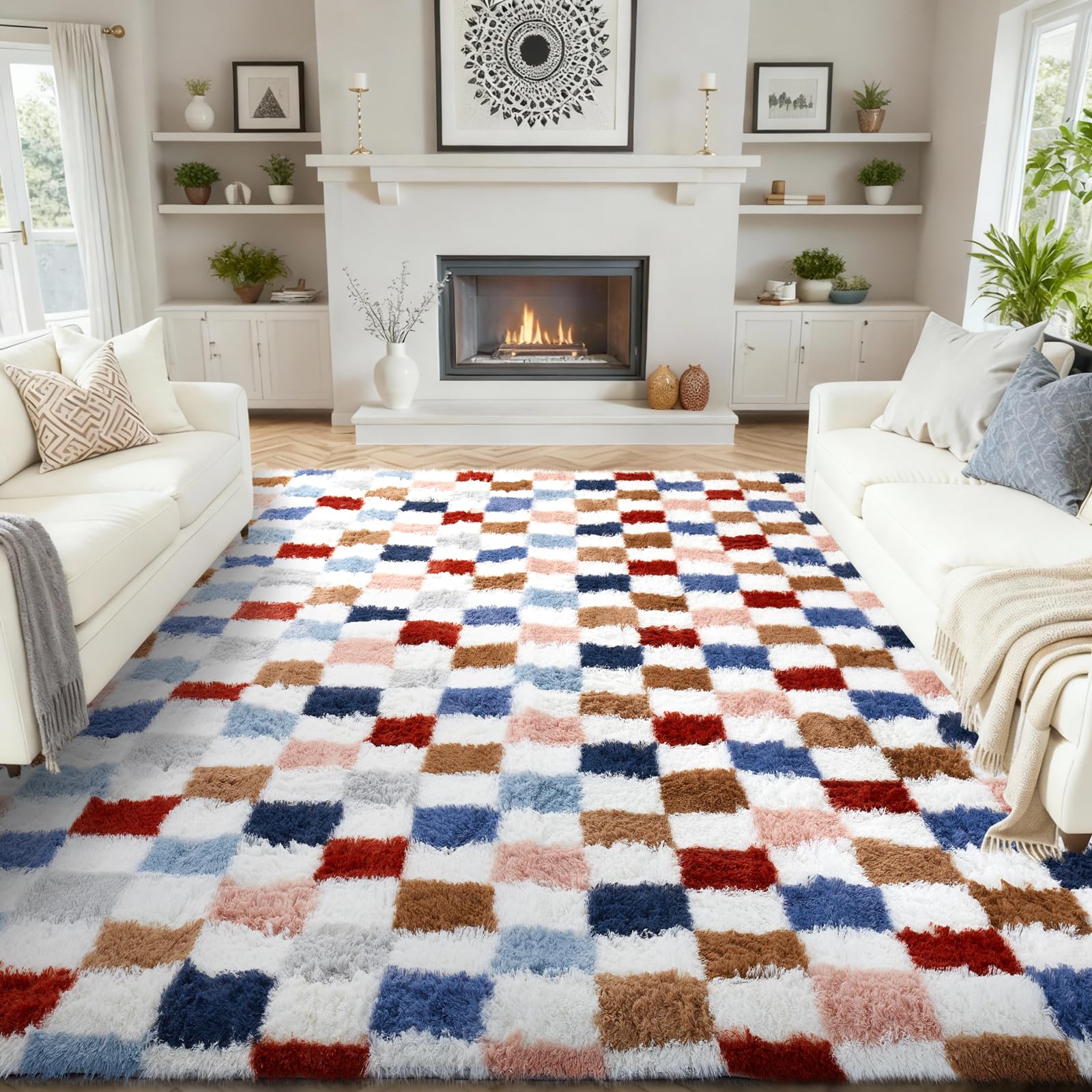 Ophanie 8x10 Area Rugs for Living Room, Upgrade Non-Slip Fluffy Soft Large Shag Bedroom Carpet, Ivory Big Indoor Thick Nursery Rug, Carpets for Boy and Girls Room Dorm Home Decor Aesthetic