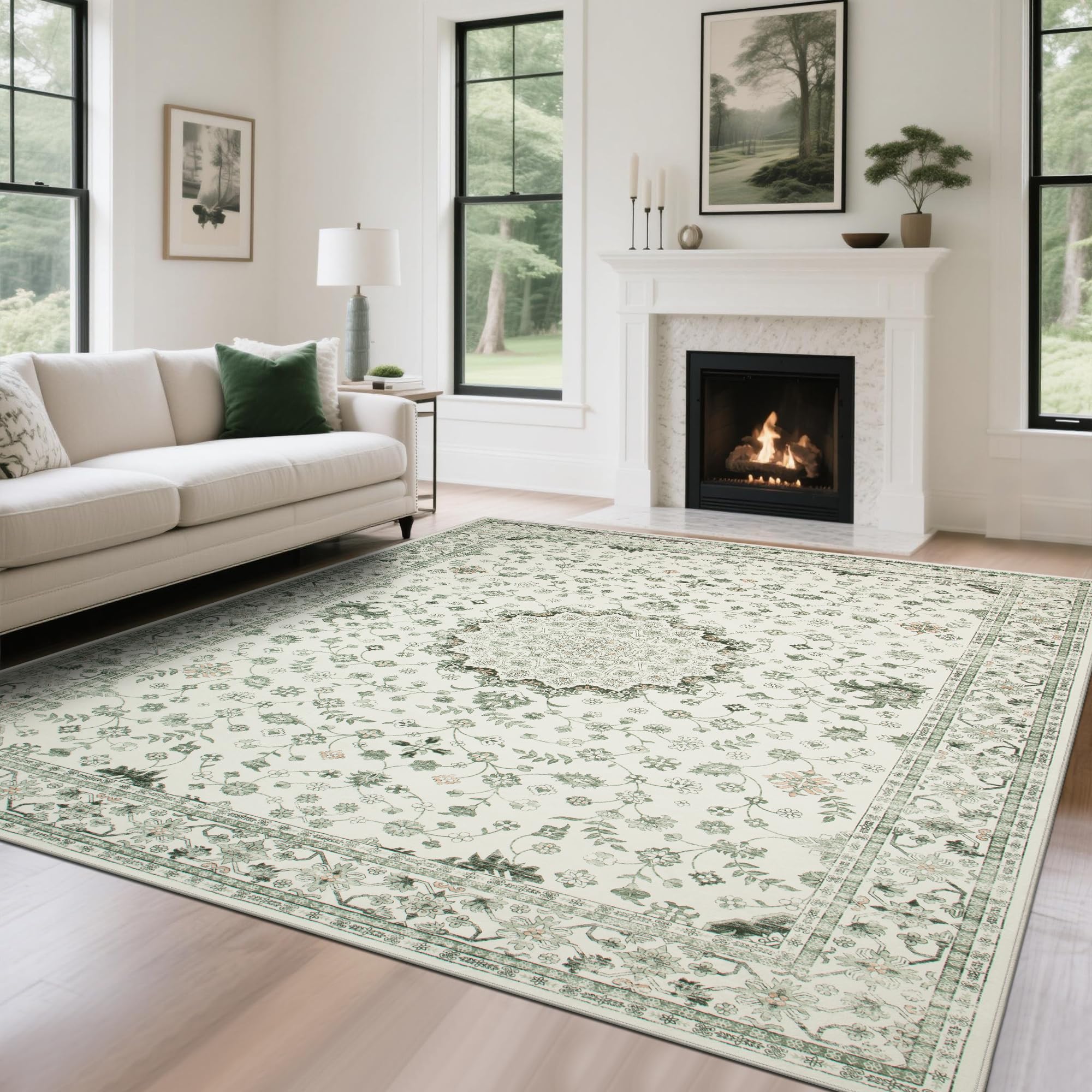 Srugn Washable Rugs 8x10 Area Rugs for Living Room,Ultra Soft Faux Wool Retro Rugs for Bedroom,Dining Room,Non Slip&Non-Shedding Low Pile Vintage Print Rug Indoor Large Carpets for Home Office Decor