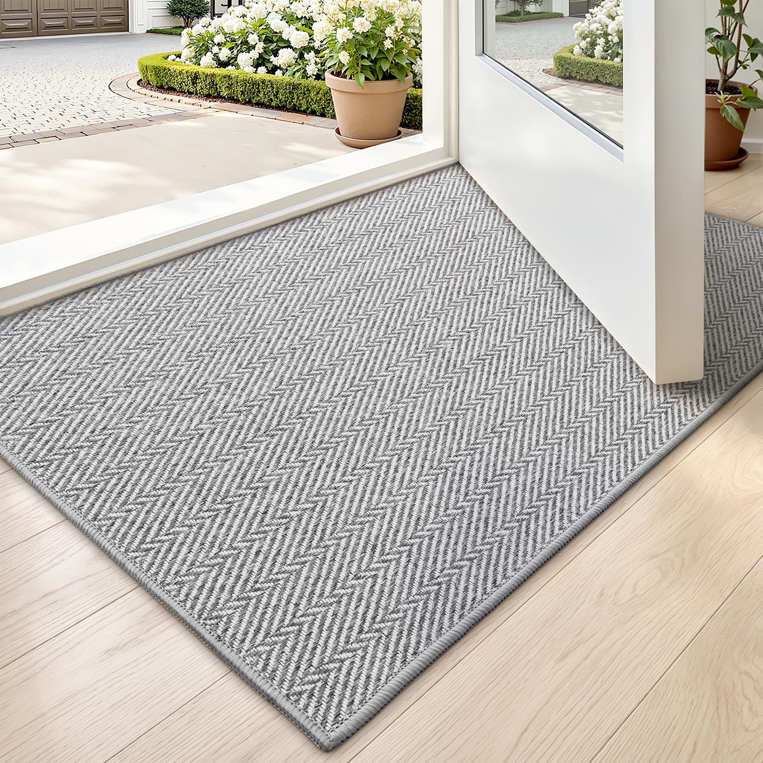LUMI Ultra Thin Indoor Door Mat for Entrance 24"x36", Non Slip Entryway Mat, Low Profile Doormat, Unique Herringbone Design Carpet for Inside, Patio, Porch, Beige