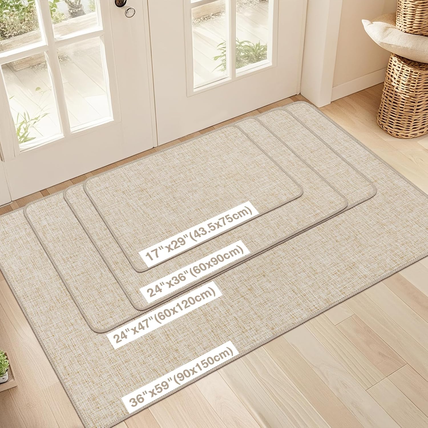LEKEEPGO Ultra Thin Indoor Door Mat 36"x59", Low-Profile Door Mat Indoor Entrance, Non Slip Rubber Backing Inside Doormat Washable Welcome Front Entryway Dirt Trapper Entry Mat, Khaki