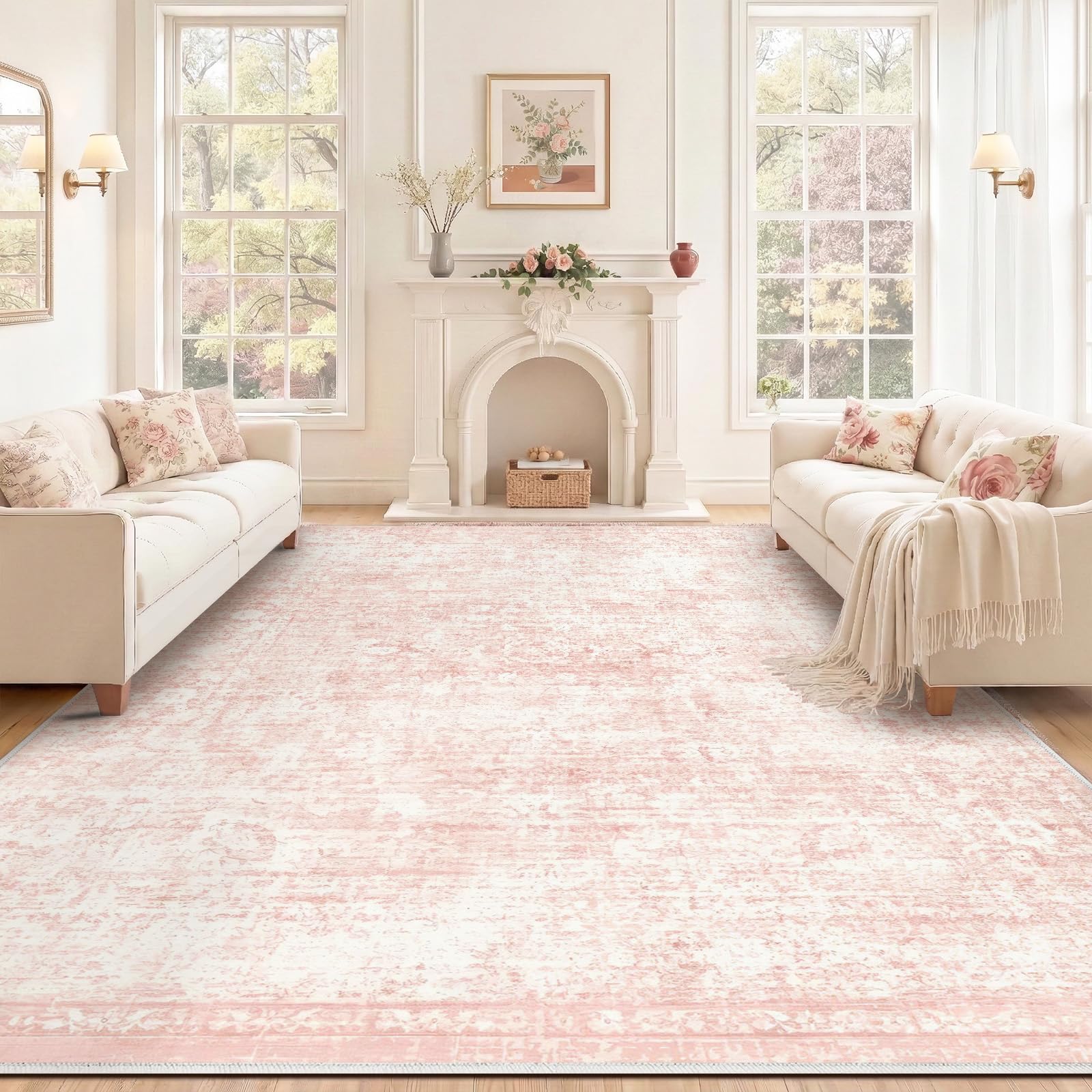 Homemate Washable Rug 8x10 Area Rugs - Vintage Faux Wool Rugs for Living Room Bedroom Dining Room - Non Slip Foldable Carpet Indoor Area Rug for Home Decor（8'x10', Beige
