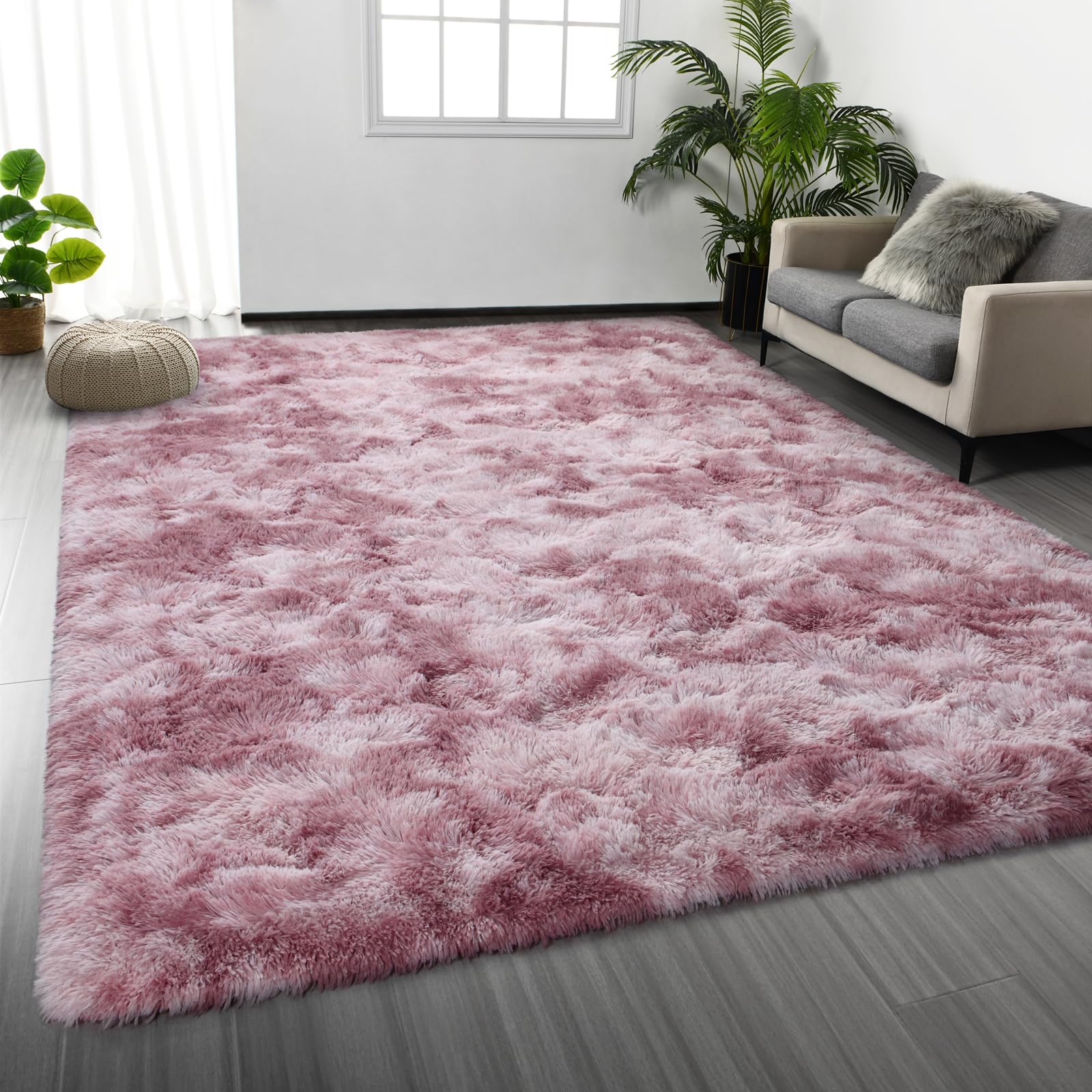 Deerhoo Large Shag Area Rugs 6 x 9, Tie-Dyed Plush Fuzzy Rug for Living Room, Ultra Soft Fluffy Furry Rugs for Bedroom, Indoor Carpet Nursery Rugs for Kids Room Home Decor, Light Grey