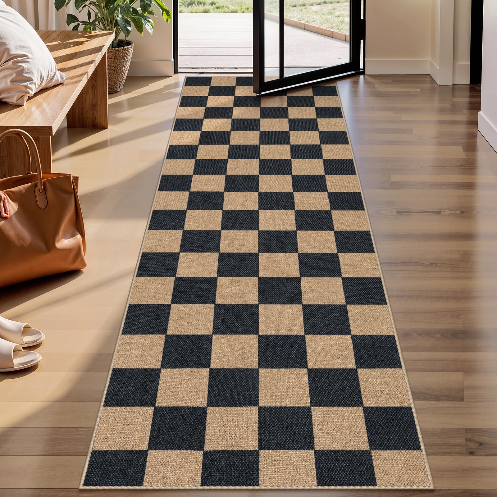 Lahome Colette Checkered Easy Jute Entryway Rug, 3x5 Washable Area Rugs for Living Room Outdoor Patio, Non Slip Blue Indoor Door Mat Checkerboard Throw Carpet for Entry Front Door Guestroom Deck