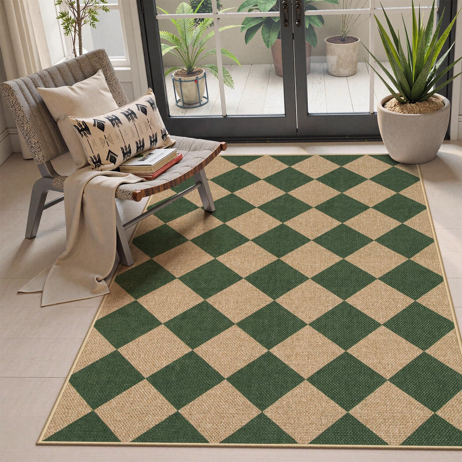 Lahome Colette Checkered Easy Jute Entryway Rug, 3x5 Washable Area Rugs for Living Room Outdoor Patio, Non Slip Blue Indoor Door Mat Checkerboard Throw Carpet for Entry Front Door Guestroom Deck