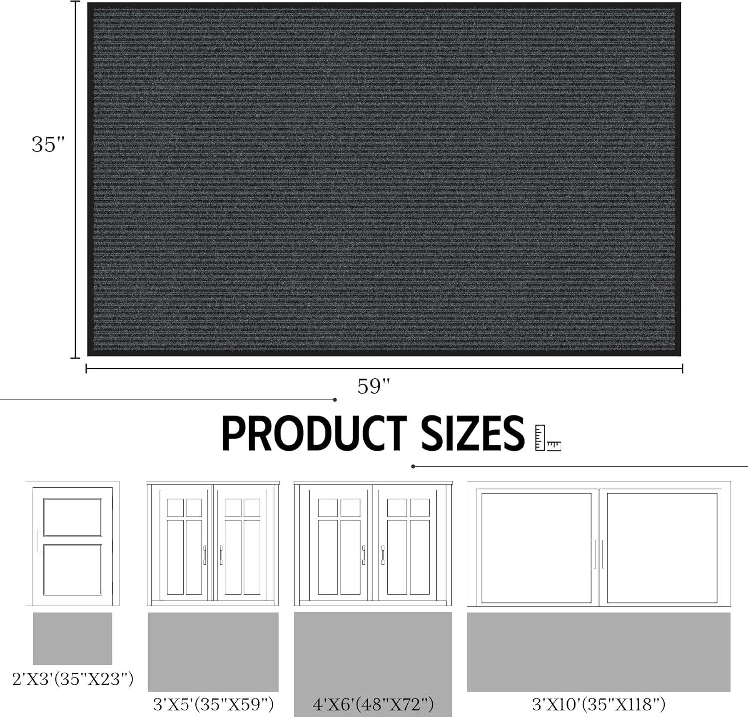 Front Door Mat, 3' x 5' Heavy Duty Door Mat Outside Entrance, Non-Slip Welcome Mat, Absorbent & Dirt Resistant, Low Profile Large Door Mats, Commercial Rugs for Entryway Indoor Outdoor, Grey