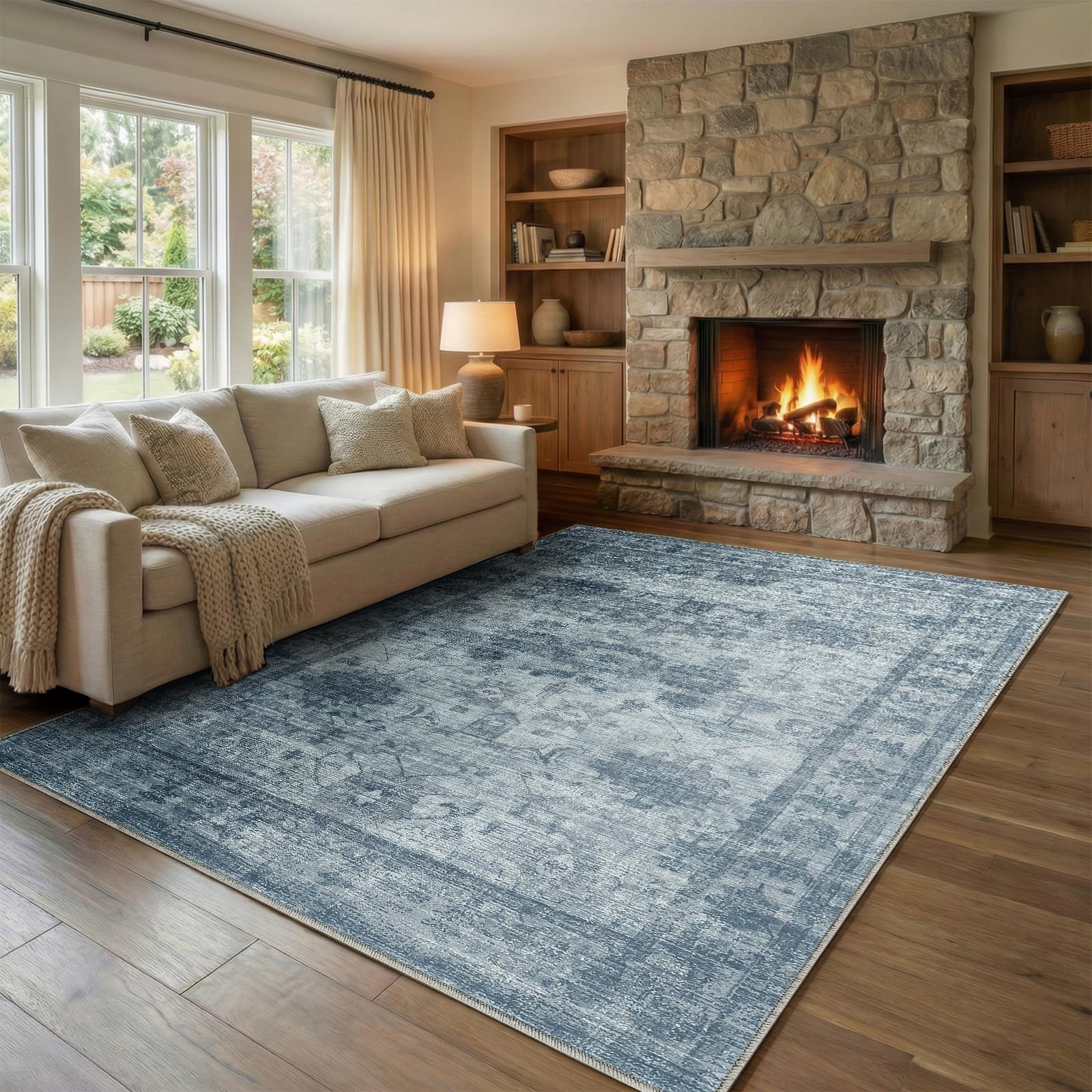Homemate Washable Rug 8x10 Area Rugs - Vintage Faux Wool Rugs for Living Room Bedroom Dining Room - Non Slip Foldable Carpet Indoor Area Rug for Home Decor（8'x10', Beige