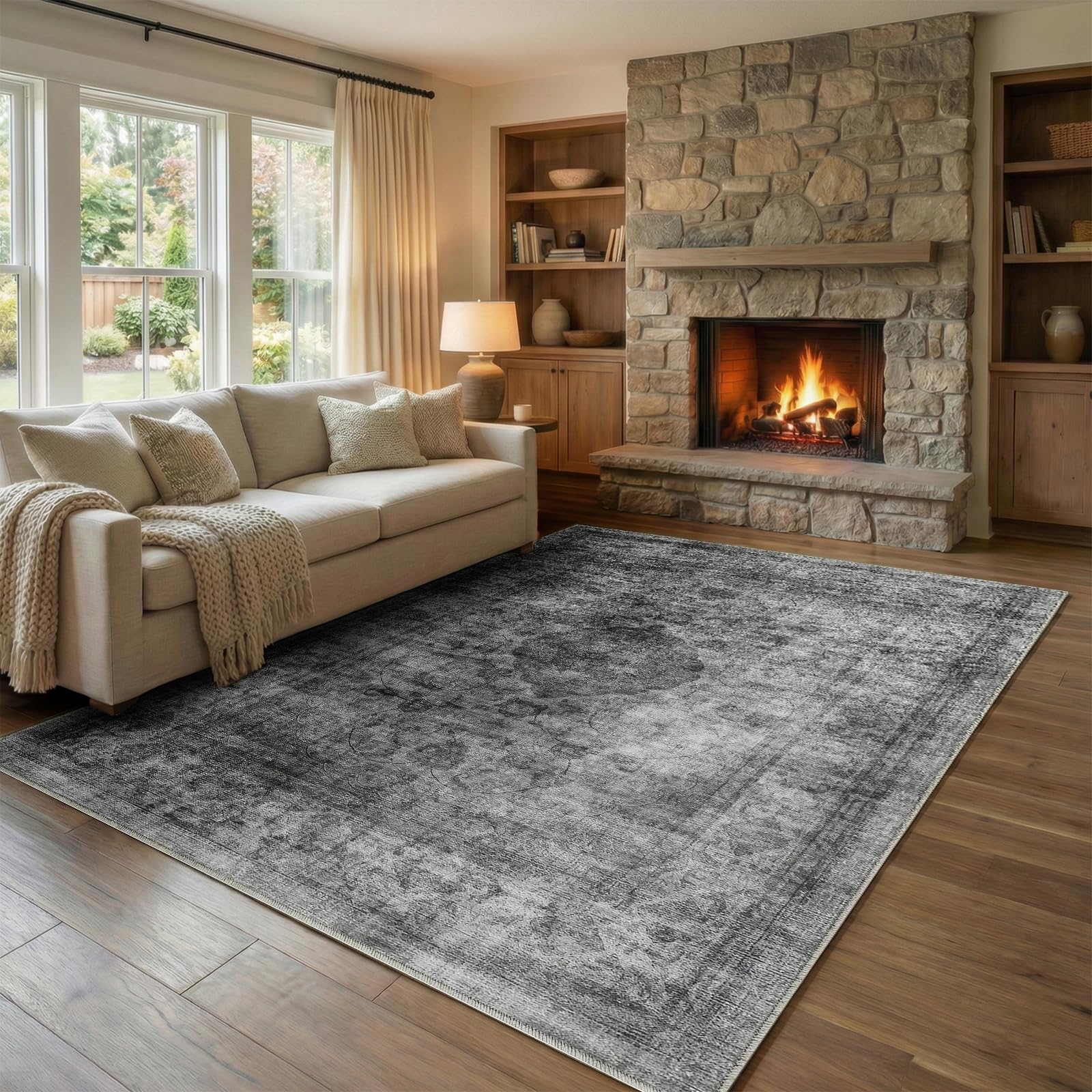 Homemate Washable Rug 8x10 Area Rugs - Vintage Faux Wool Rugs for Living Room Bedroom Dining Room - Non Slip Foldable Carpet Indoor Area Rug for Home Decor（8'x10', Beige