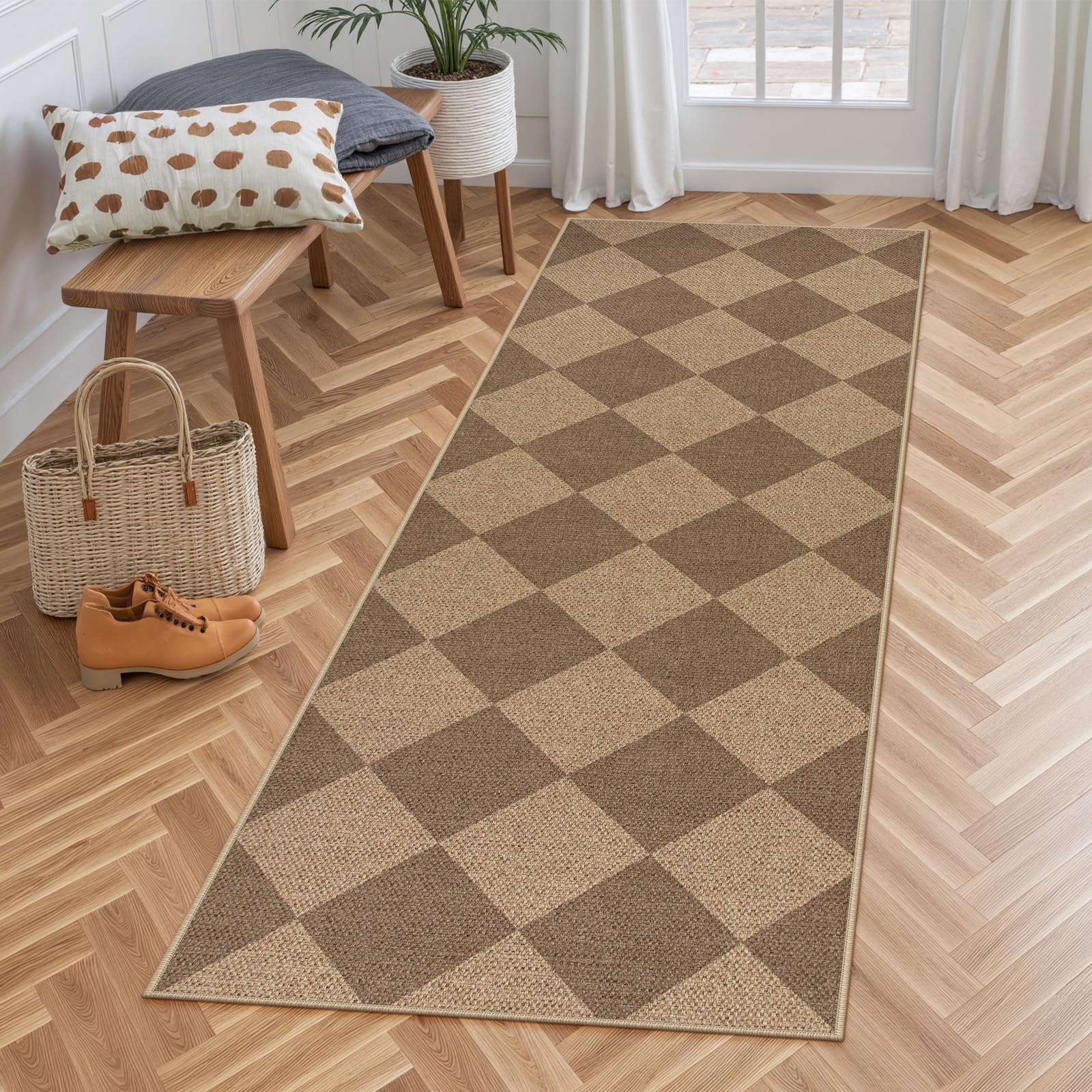 Lahome Colette Checkered Easy Jute Entryway Rug, 3x5 Washable Area Rugs for Living Room Outdoor Patio, Non Slip Blue Indoor Door Mat Checkerboard Throw Carpet for Entry Front Door Guestroom Deck