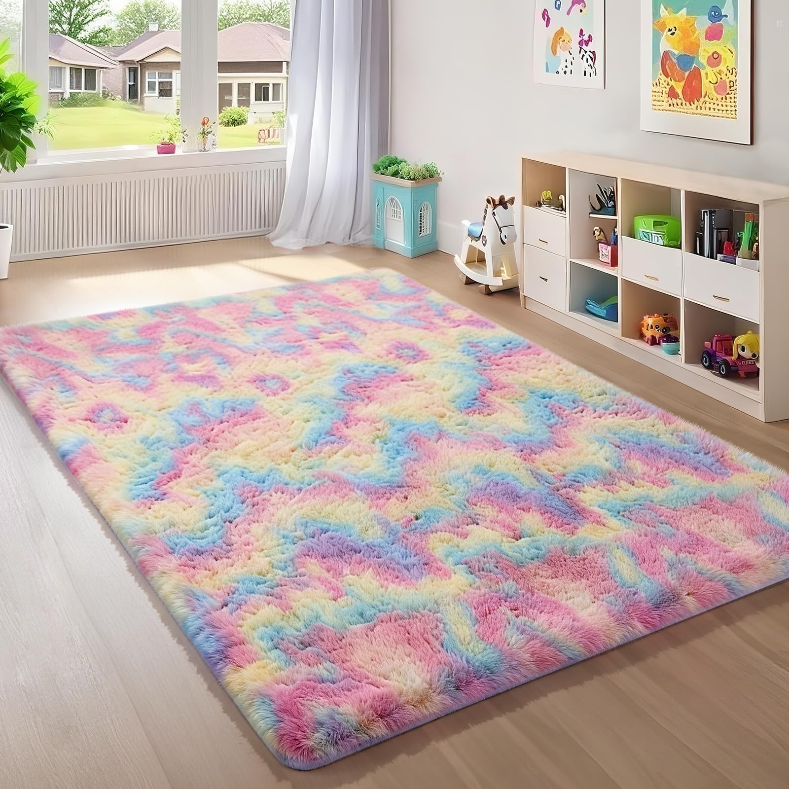Ophanie 8x10 Area Rugs for Living Room, Upgrade Non-Slip Fluffy Soft Large Shag Bedroom Carpet, Ivory Big Indoor Thick Nursery Rug, Carpets for Boy and Girls Room Dorm Home Decor Aesthetic