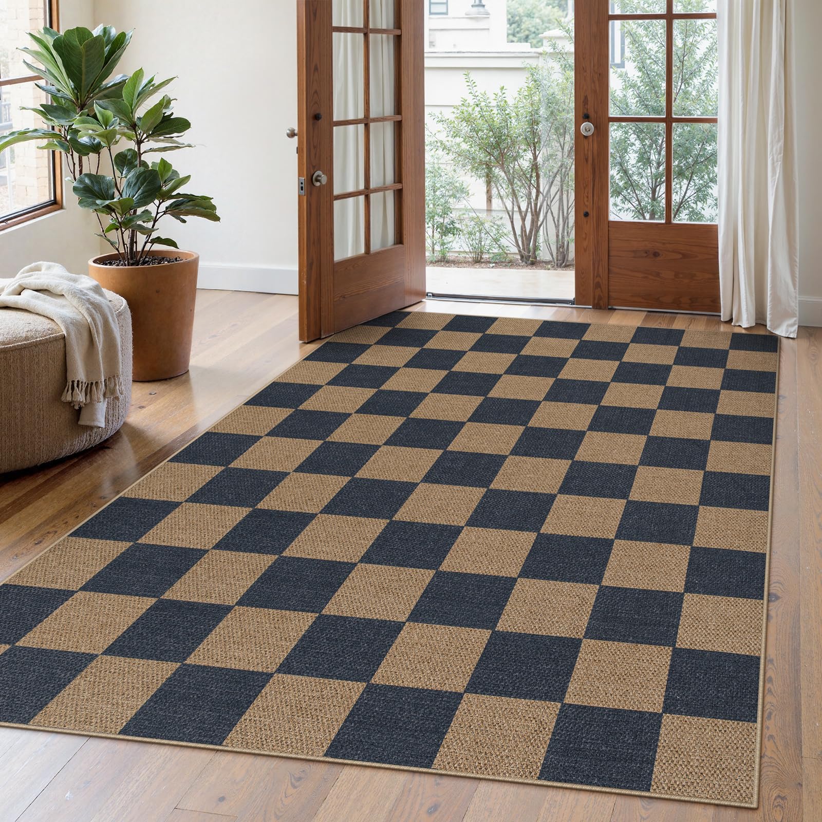 Lahome Colette Checkered Easy Jute Entryway Rug, 3x5 Washable Area Rugs for Living Room Outdoor Patio, Non Slip Blue Indoor Door Mat Checkerboard Throw Carpet for Entry Front Door Guestroom Deck