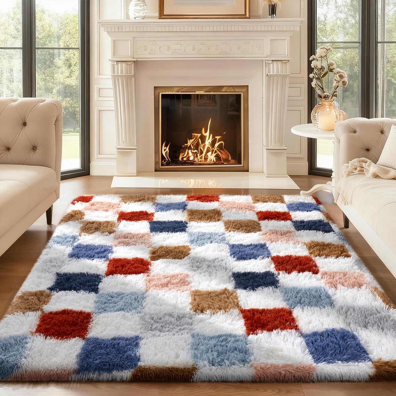 Ophanie 8x10 Area Rugs for Living Room, Upgrade Non-Slip Fluffy Soft Large Shag Bedroom Carpet, Ivory Big Indoor Thick Nursery Rug, Carpets for Boy and Girls Room Dorm Home Decor Aesthetic