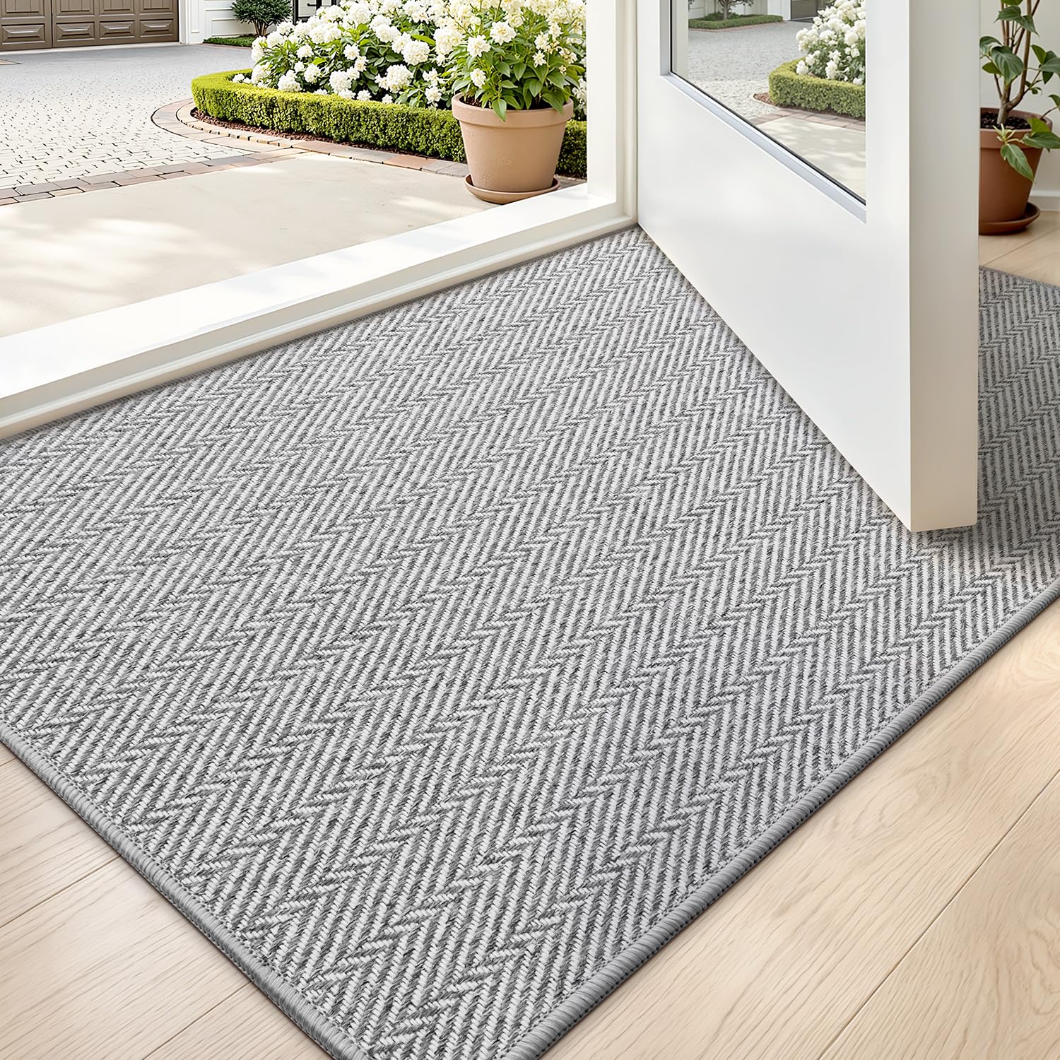 LUMI Ultra Thin Indoor Door Mat for Entrance 24"x36", Non Slip Entryway Mat, Low Profile Doormat, Unique Herringbone Design Carpet for Inside, Patio, Porch, Beige