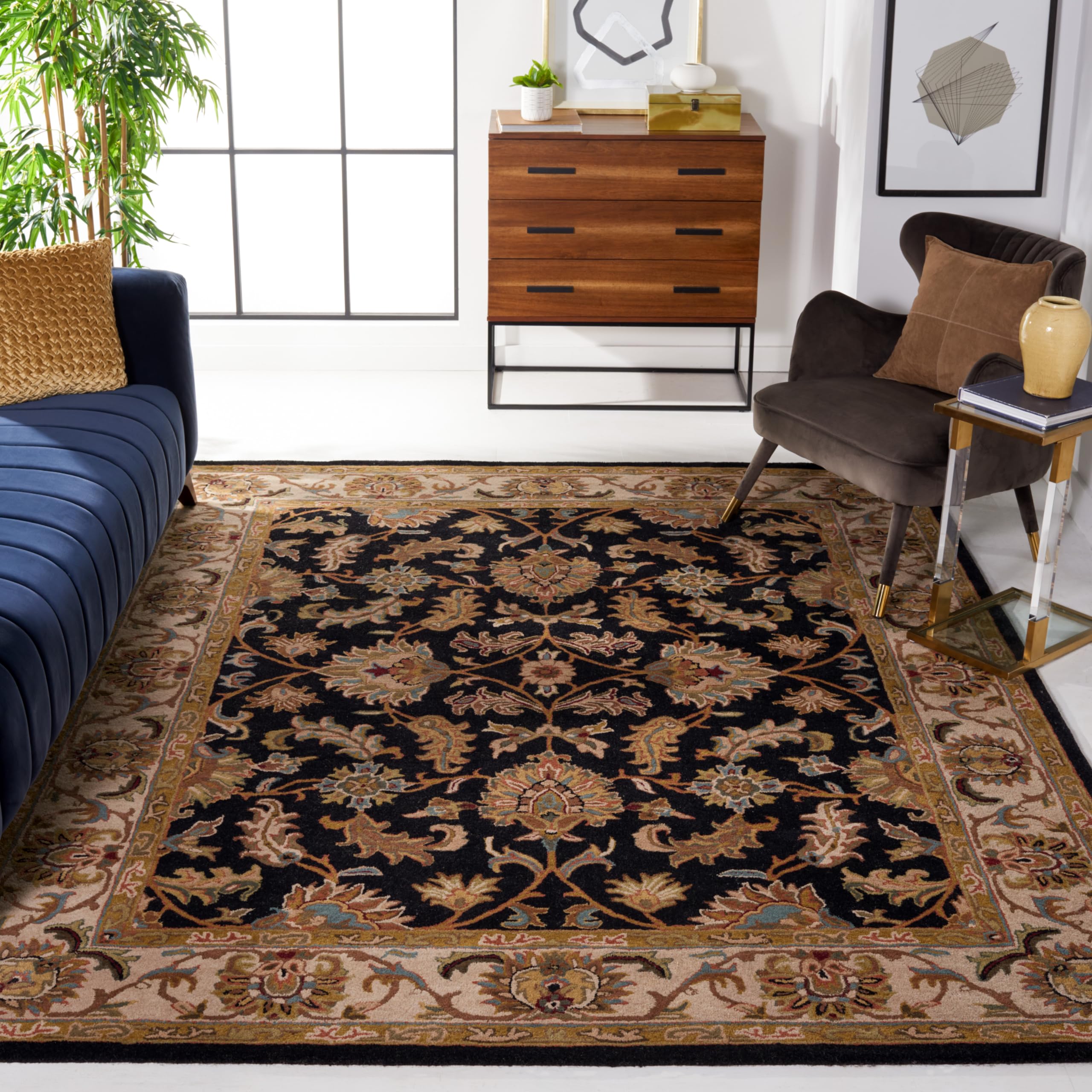 SAFAVIEH Heritage Collection Area Rug - 9' x 12', Black & Beige, Handmade Traditional Oriental Wool, Ideal for High Traffic Areas in Living Room, Bedroom (HG628B)