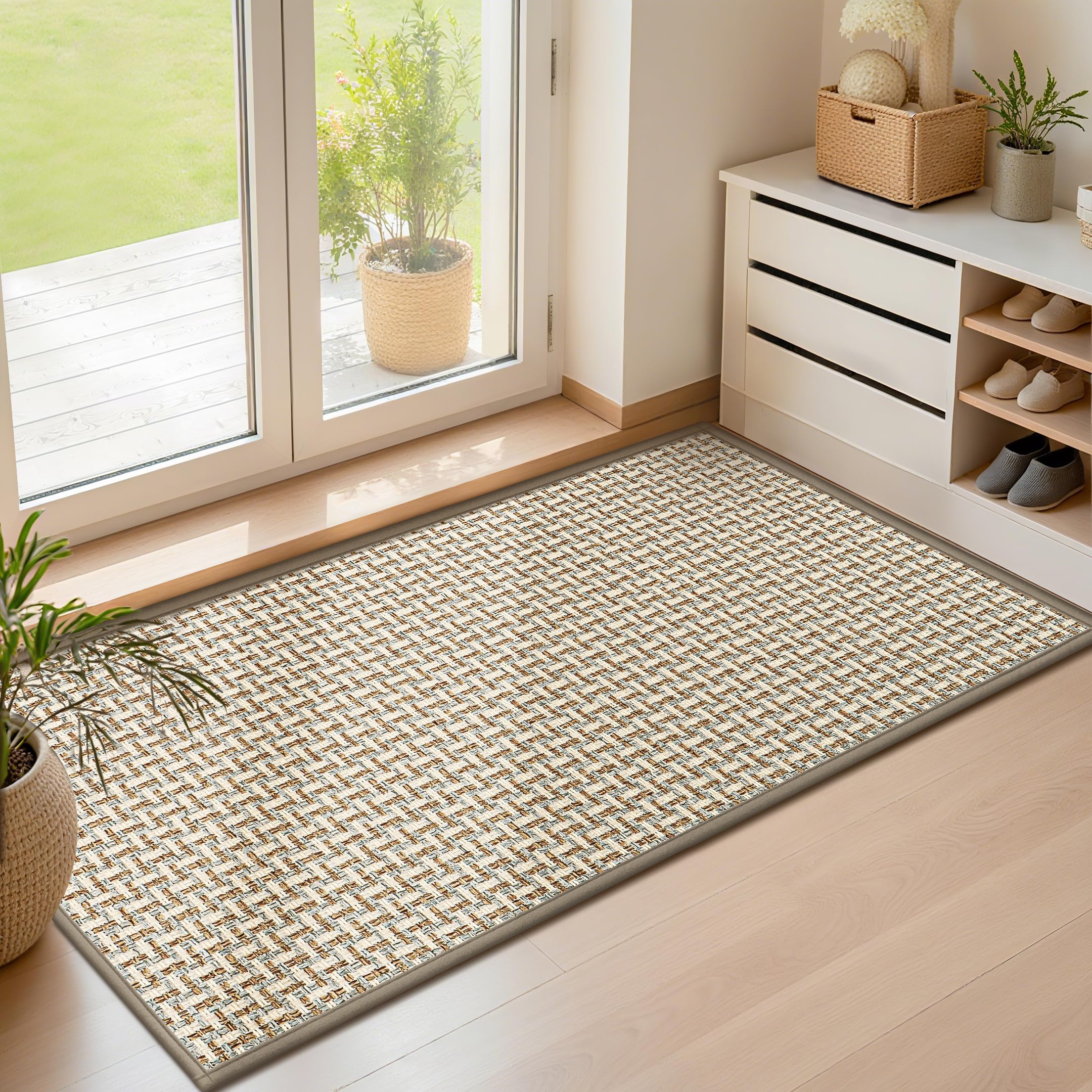 LEKEEPGO Ultra Thin Indoor Door Mat 36"x59", Low-Profile Door Mat Indoor Entrance, Non Slip Rubber Backing Inside Doormat Washable Welcome Front Entryway Dirt Trapper Entry Mat, Brown